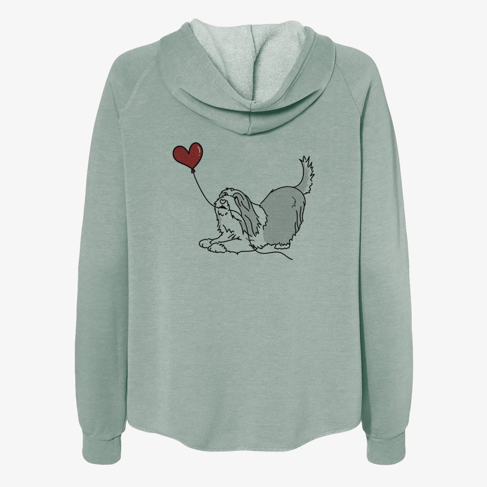 Minimalist line drawing of a Bearded Collie Heart String- Women's Cali Wave Zip-Up Sweatshirt holding a heart balloon on a Sage Cali Wave Zipup Sweatshirt