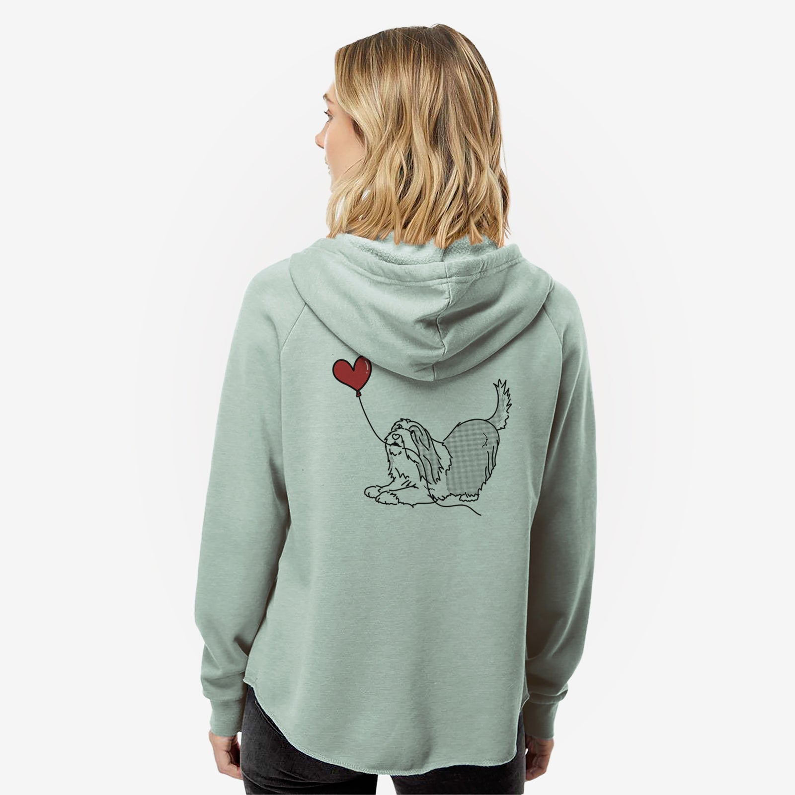 Minimalist line drawing of a Bearded Collie Heart String- Women's Cali Wave Zip-Up Sweatshirt holding a heart balloon on a Sage Cali Wave Zipup Sweatshirt
