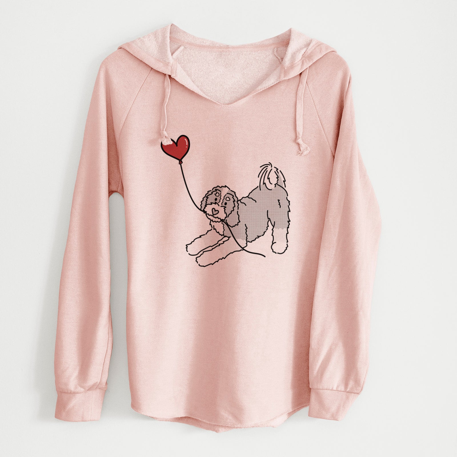 Minimalist line drawing of a Bernedoodle Heart String holding a heart balloon on a Blush Cali Wave Hooded Sweatshirt