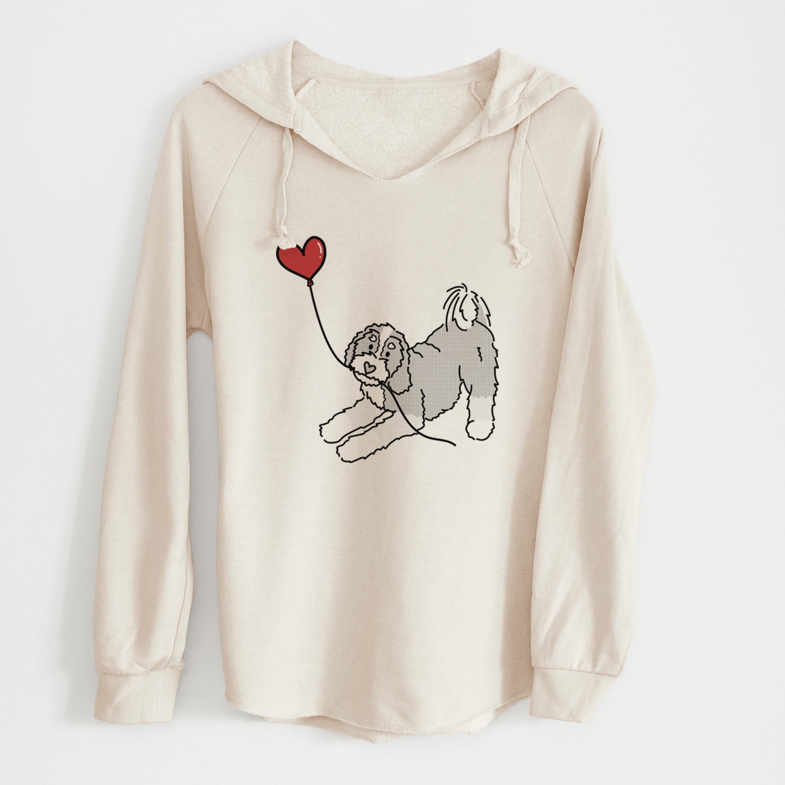 Minimalist line drawing of a Bernedoodle Heart String holding a heart balloon on a Bone Cali Wave Hooded Sweatshirt