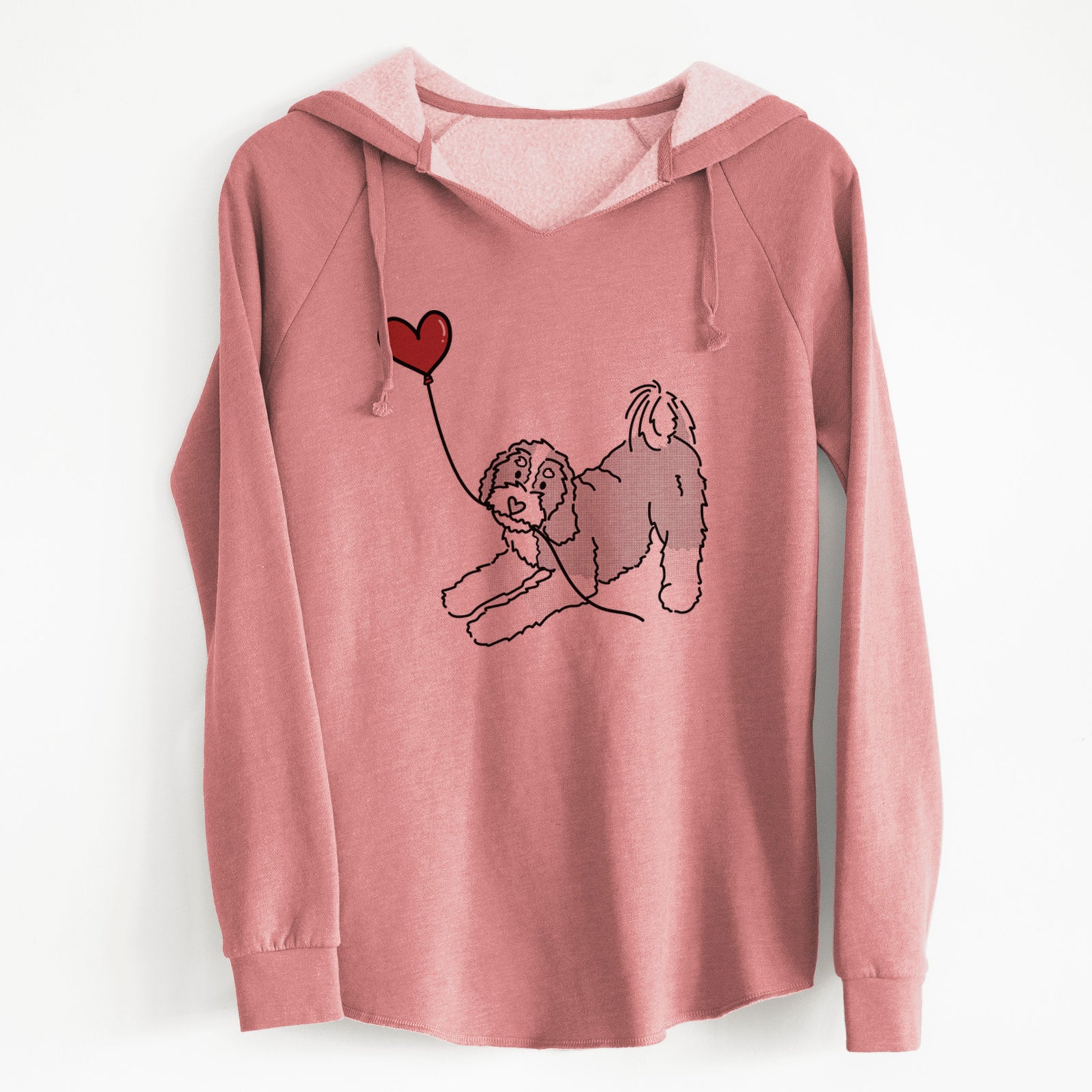 Minimalist line drawing of a Bernedoodle Heart String holding a heart balloon on a Dusty Rose Cali Wave Hooded Sweatshirt