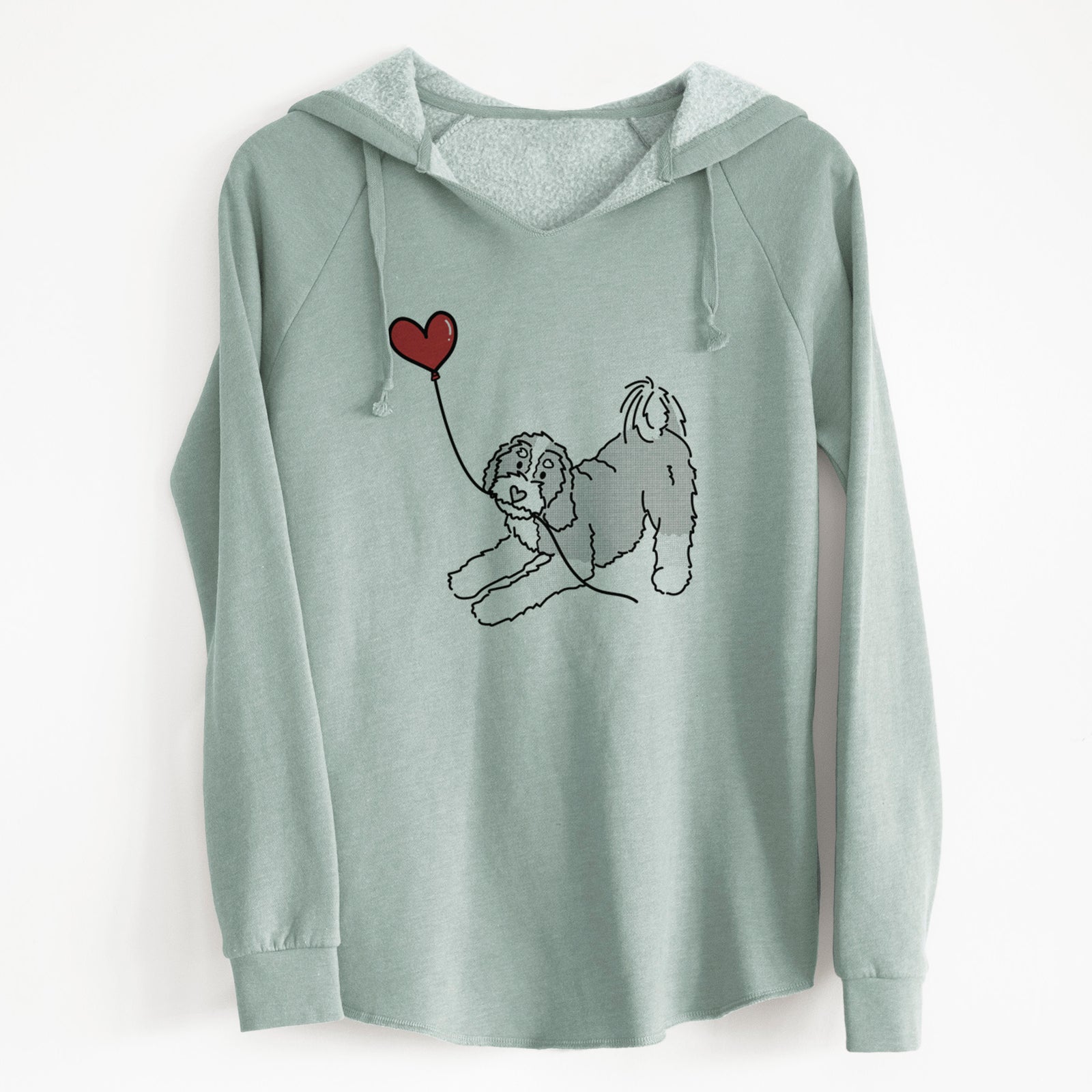 Minimalist line drawing of a Bernedoodle Heart String holding a heart balloon on a Sage Cali Wave Hooded Sweatshirt
