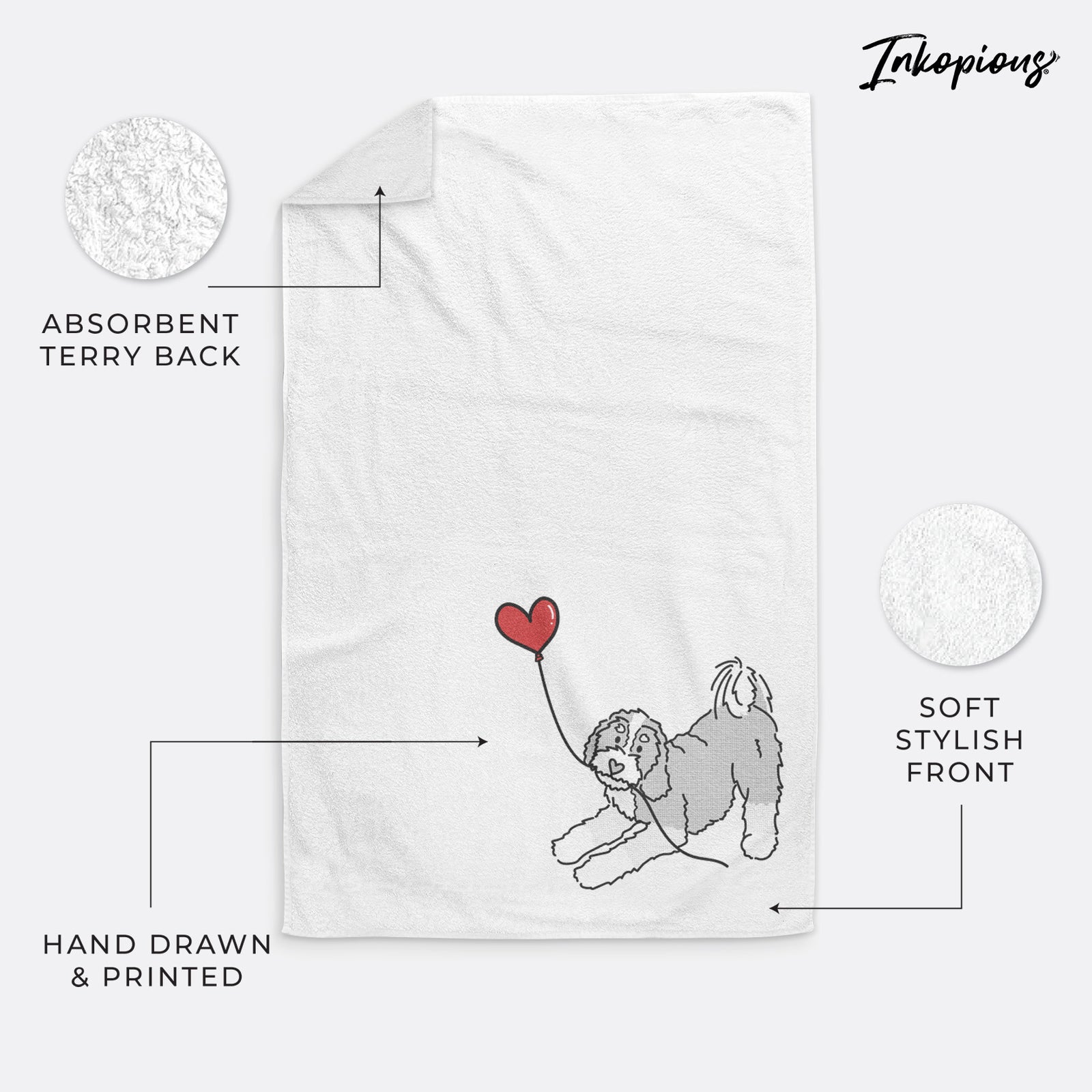 Minimalist line drawing of a Bernedoodle Heart String holding a heart balloon on a decorative hand towel