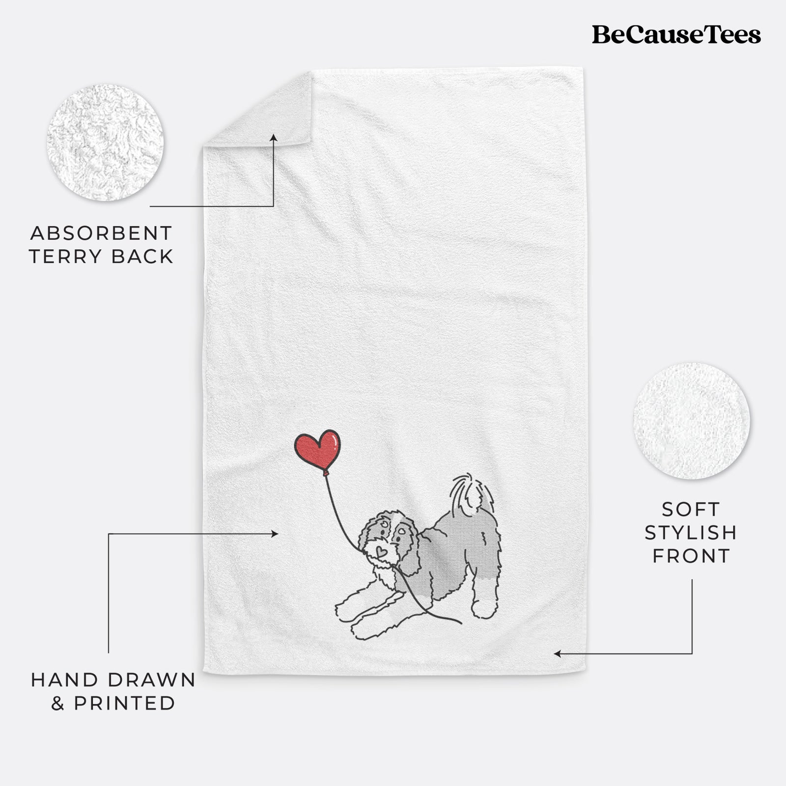 Minimalist line drawing of a Bernedoodle Heart String holding a heart balloon on a decorative hand towel