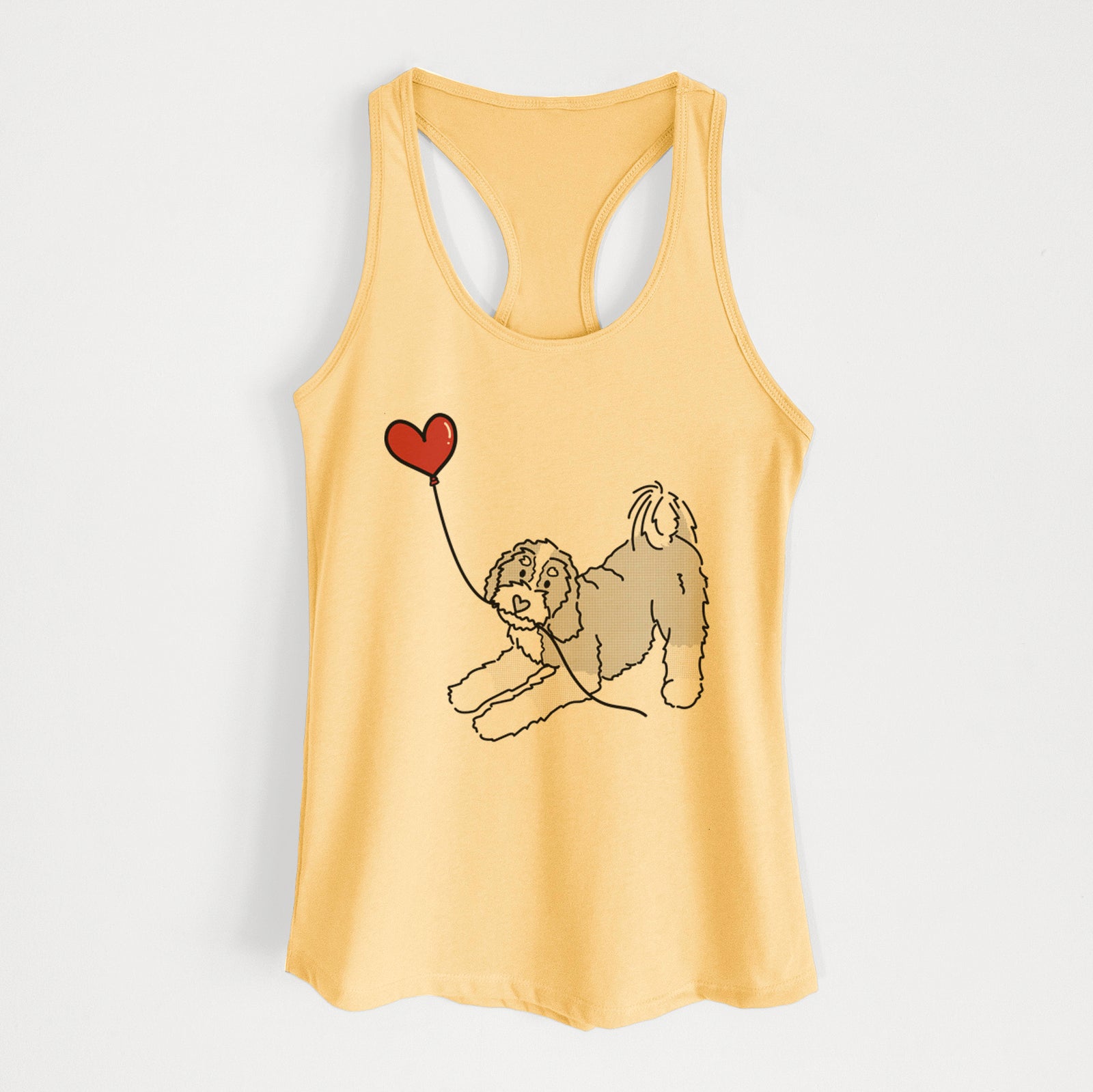 Minimalist line drawing of a Bernedoodle Heart String holding a heart balloon on a Banana Cream Women's racerback tanktop