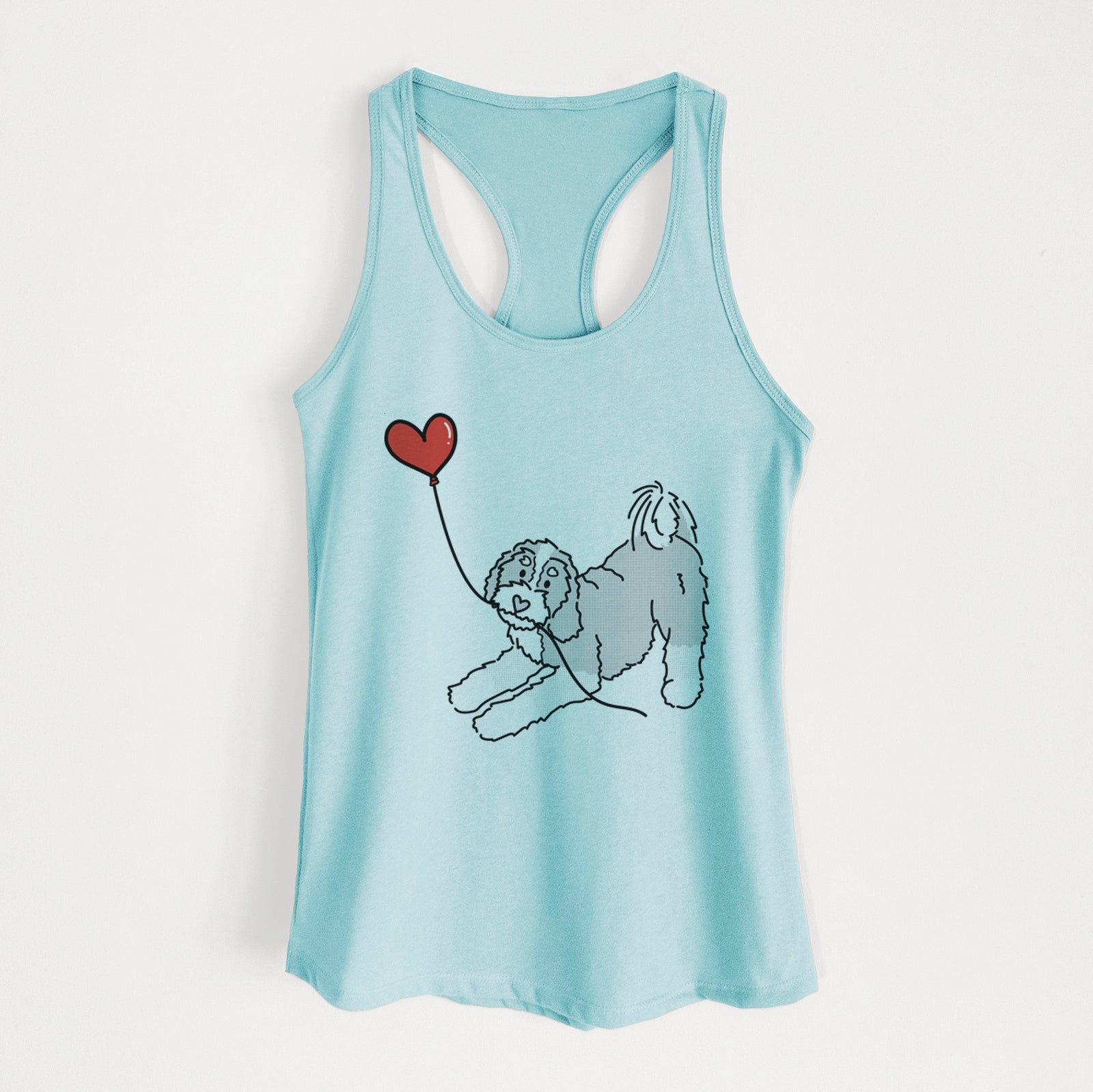 Minimalist line drawing of a Bernedoodle Heart String holding a heart balloon on a Cancun Blue Women's racerback tanktop