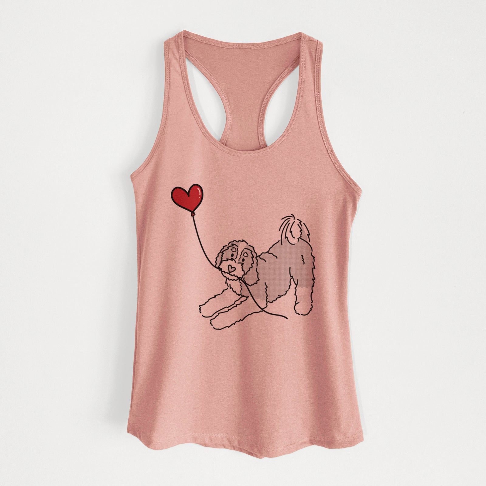 Minimalist line drawing of a Bernedoodle Heart String holding a heart balloon on a Desert Pink Women's racerback tanktop