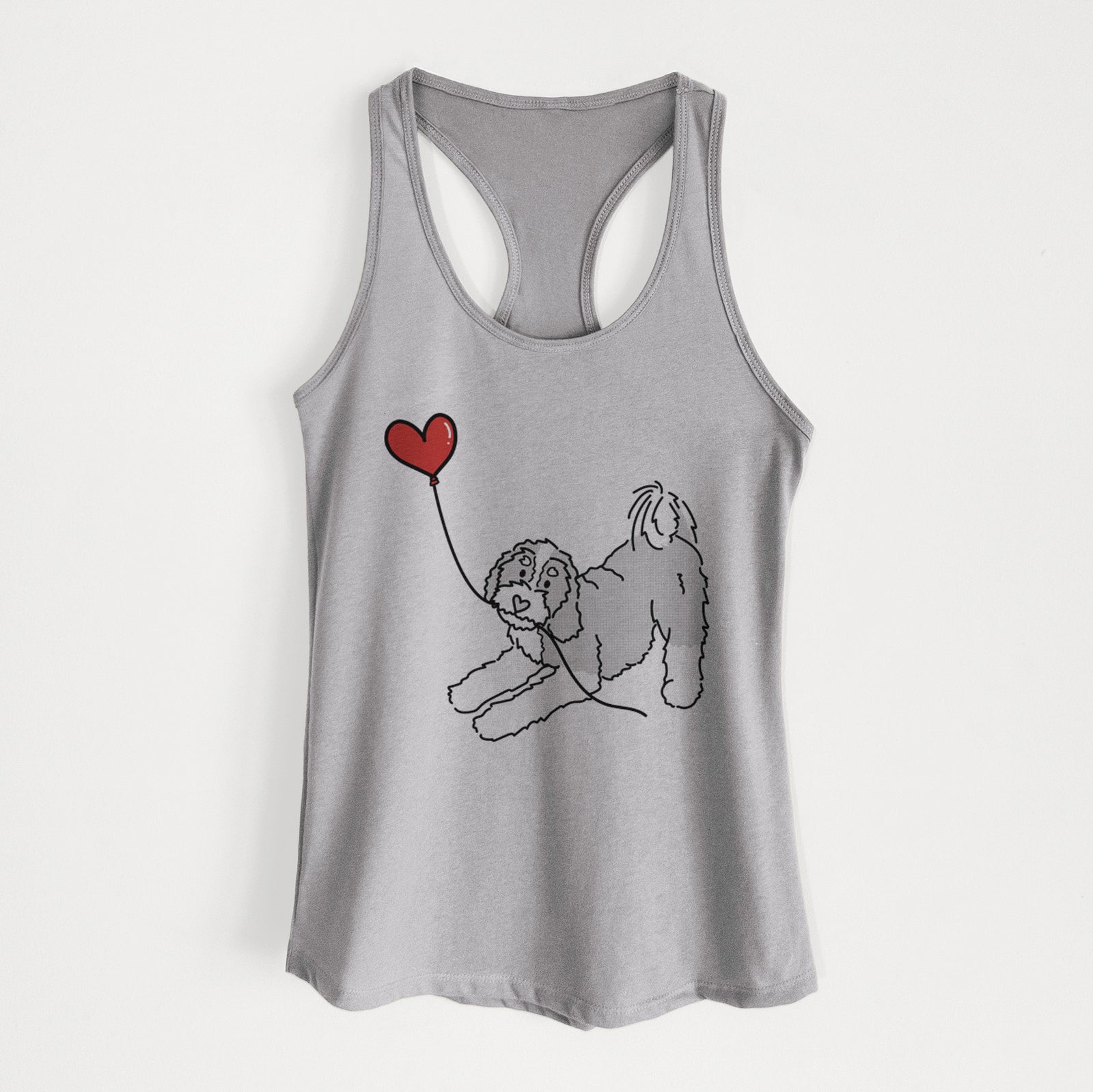Minimalist line drawing of a Bernedoodle Heart String holding a heart balloon on a Heather Grey Women's racerback tanktop