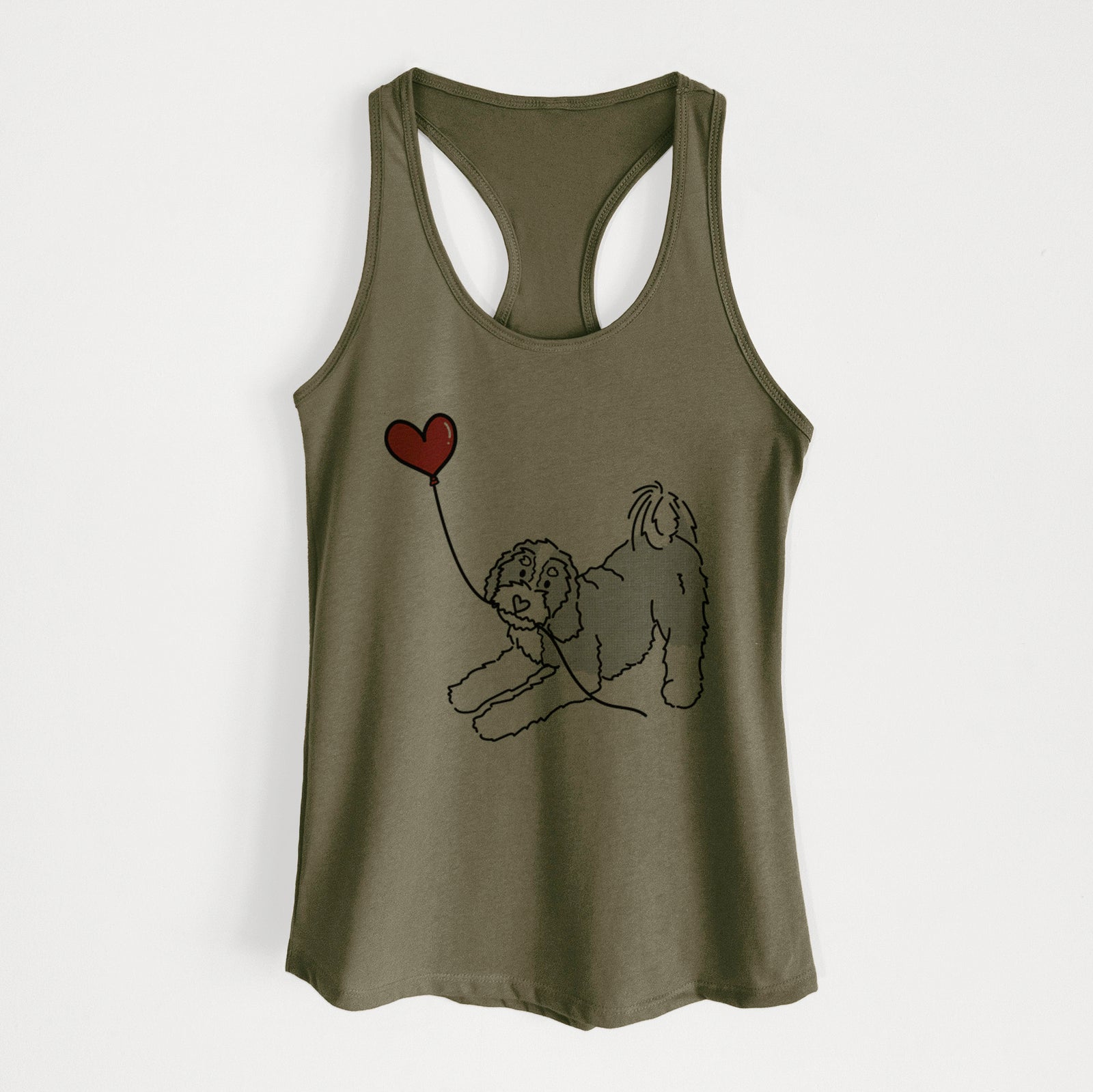 Minimalist line drawing of a Bernedoodle Heart String holding a heart balloon on a Military Green Women's racerback tanktop