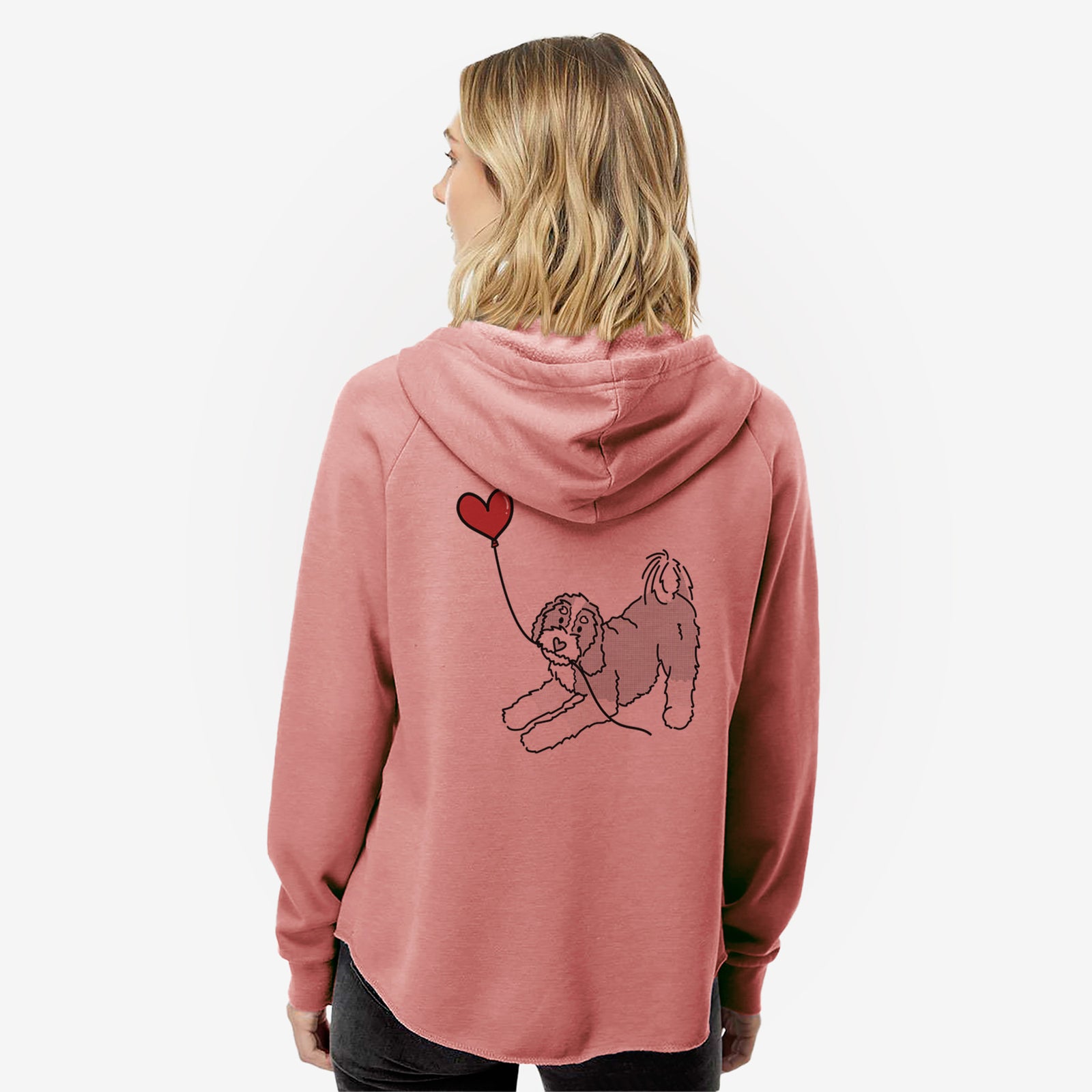 Minimalist line drawing of a Bernedoodle Heart String- Women's Cali Wave Zip-Up Sweatshirt holding a heart balloon on a Dusty Rose Cali Wave Zipup Sweatshirt