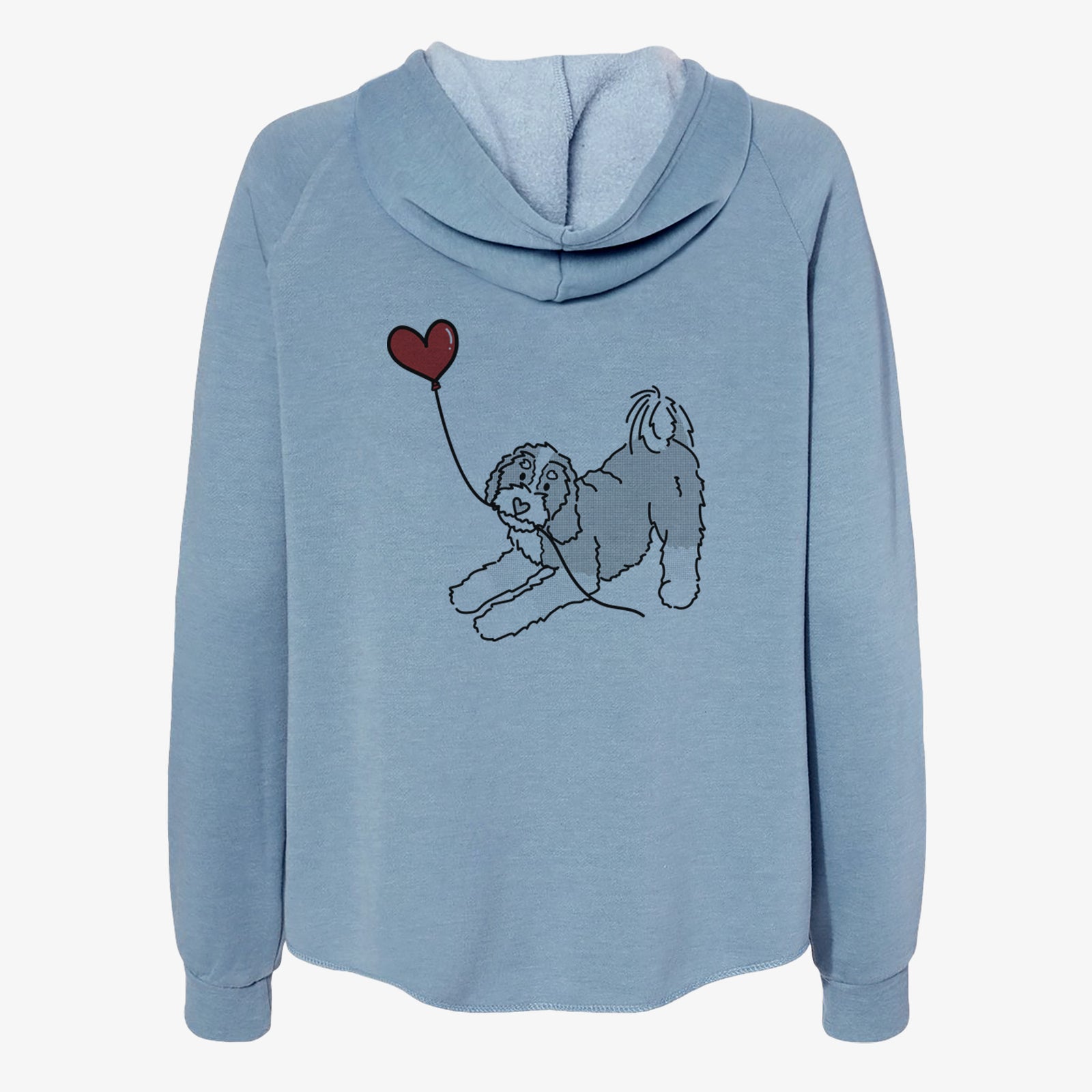 Minimalist line drawing of a Bernedoodle Heart String- Women's Cali Wave Zip-Up Sweatshirt holding a heart balloon on a Misty Blue Cali Wave Zipup Sweatshirt