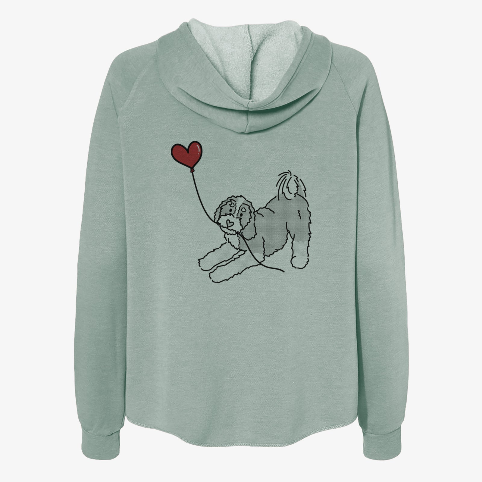 Minimalist line drawing of a Bernedoodle Heart String- Women's Cali Wave Zip-Up Sweatshirt holding a heart balloon on a Sage Cali Wave Zipup Sweatshirt