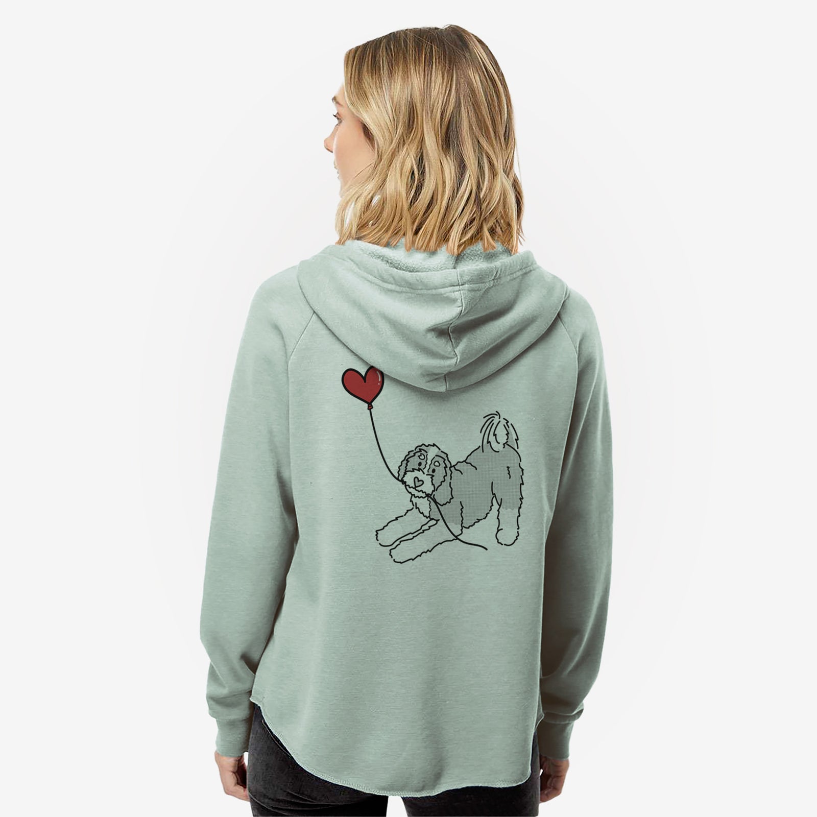 Minimalist line drawing of a Bernedoodle Heart String- Women's Cali Wave Zip-Up Sweatshirt holding a heart balloon on a Sage Cali Wave Zipup Sweatshirt