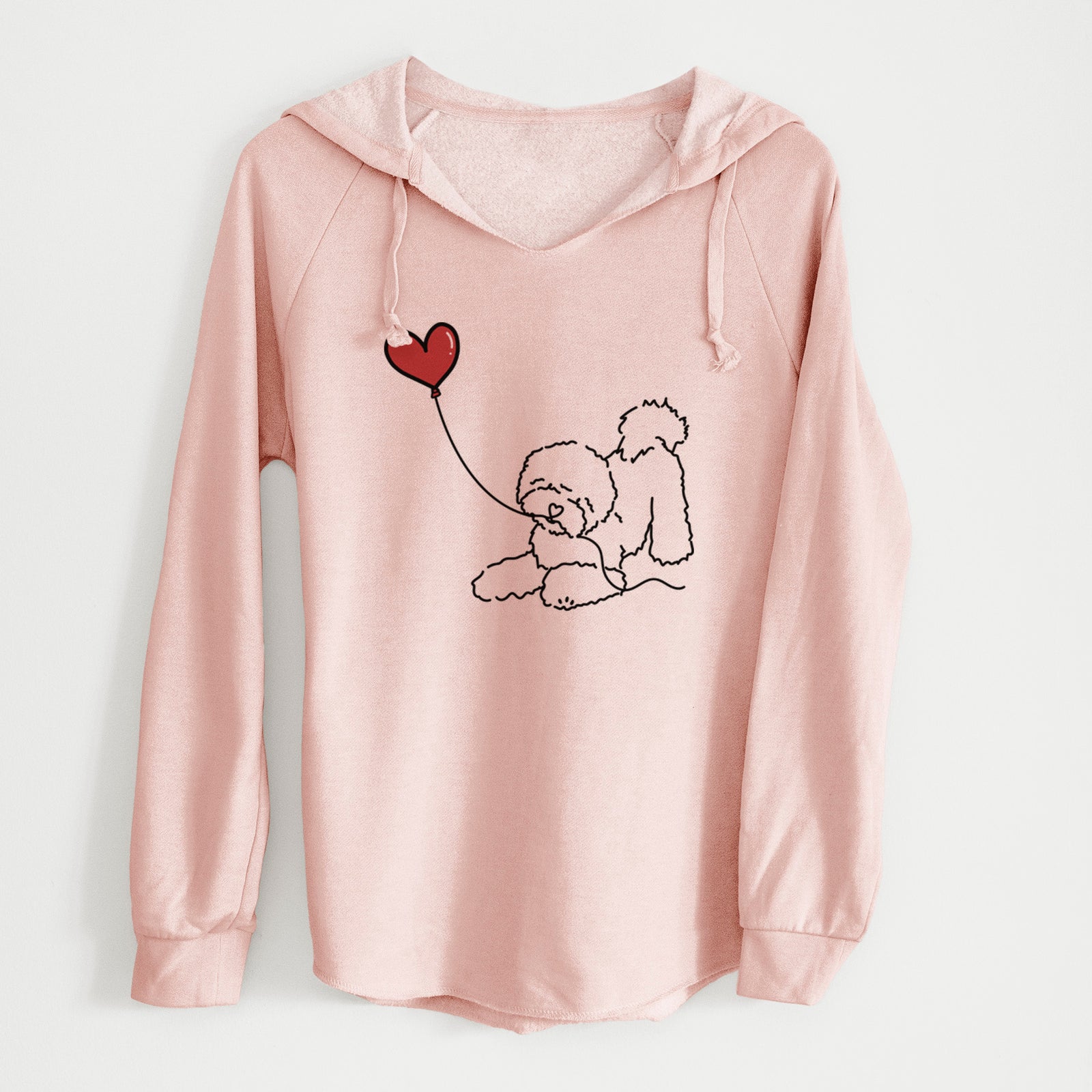 Minimalist line drawing of a Bichon Frise Heart String holding a heart balloon on a Blush Cali Wave Hooded Sweatshirt