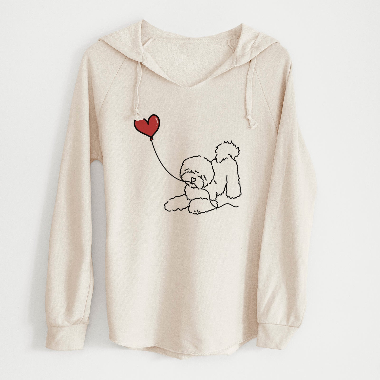 Minimalist line drawing of a Bichon Frise Heart String holding a heart balloon on a Bone Cali Wave Hooded Sweatshirt