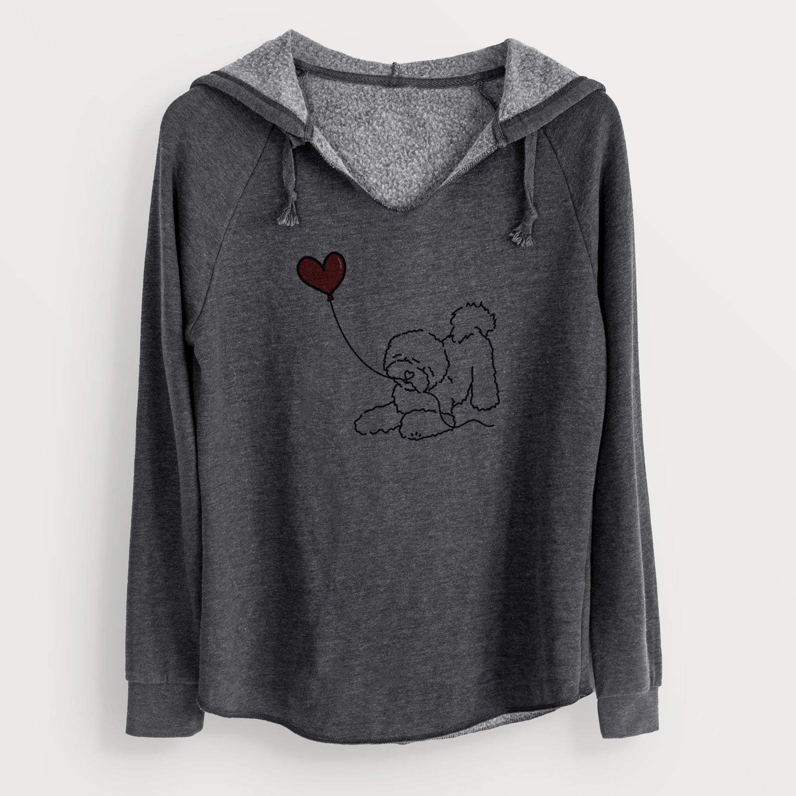 Minimalist line drawing of a Bichon Frise Heart String holding a heart balloon on a Charcoal Cali Wave Hooded Sweatshirt