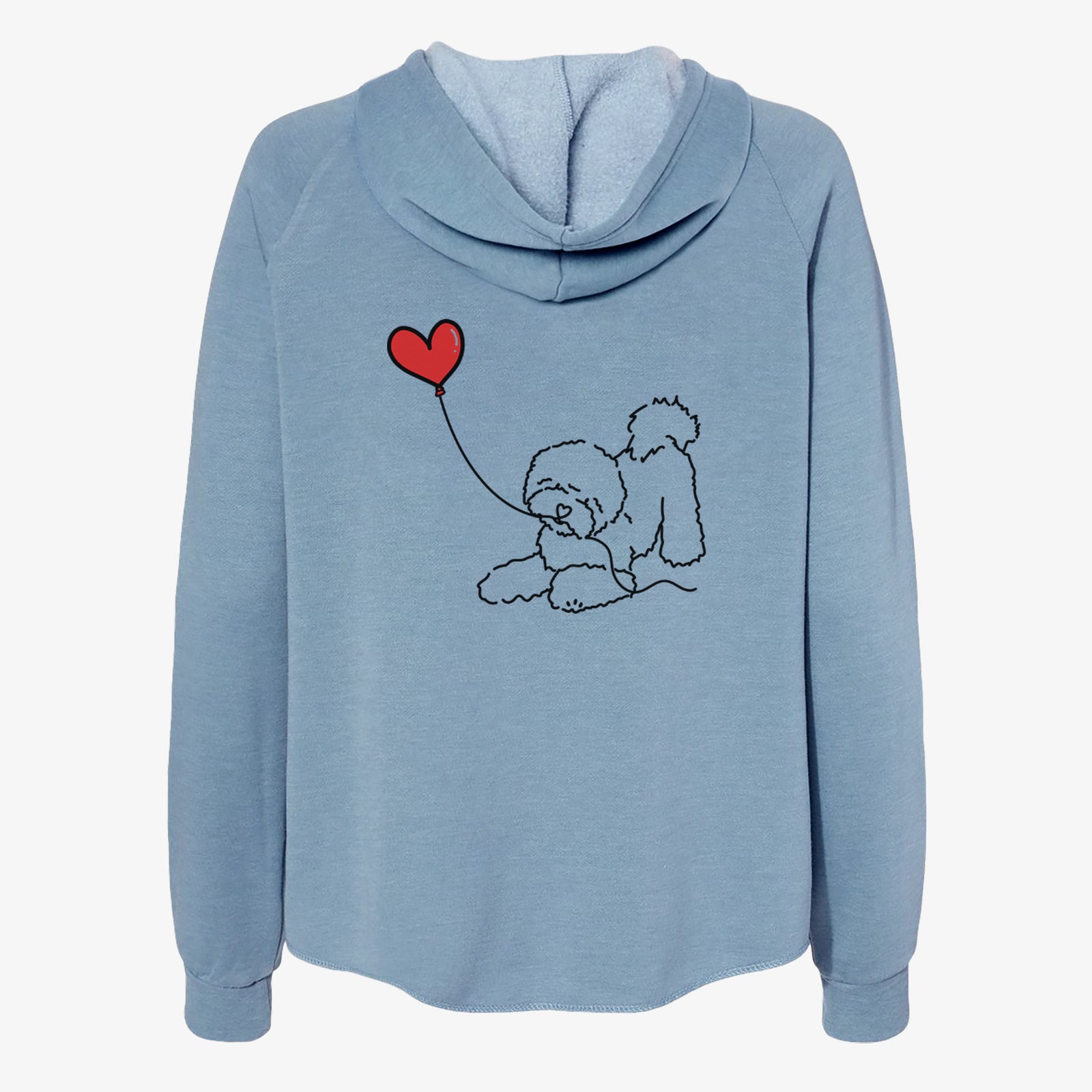 Minimalist line drawing of a Bichon Frise Heart String- Women's Cali Wave Zip-Up Sweatshirt holding a heart balloon on a Misty Blue Cali Wave Zipup Sweatshirt