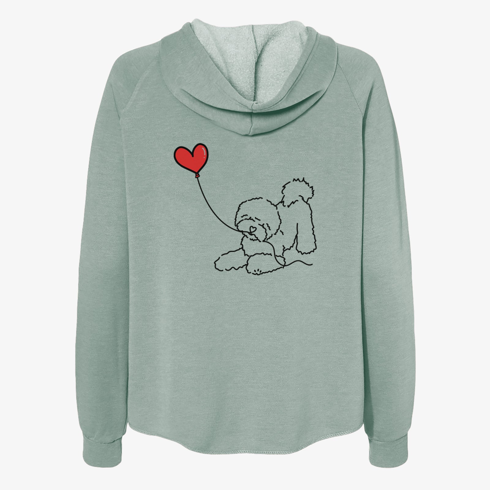 Minimalist line drawing of a Bichon Frise Heart String- Women's Cali Wave Zip-Up Sweatshirt holding a heart balloon on a Sage Cali Wave Zipup Sweatshirt