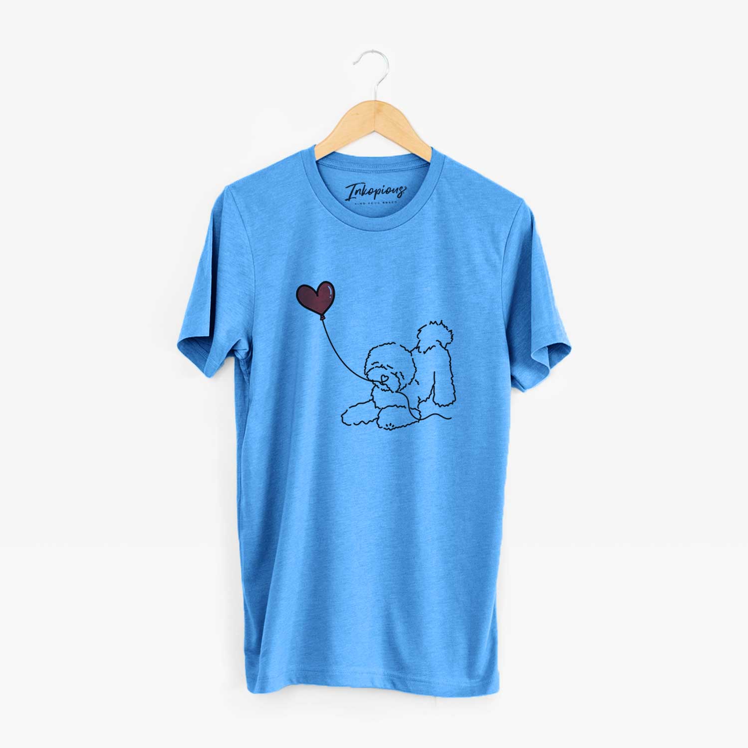 Minimalist line drawing of a Bichon Frise Heart String holding a heart balloon on a Blue Unisex crewneck