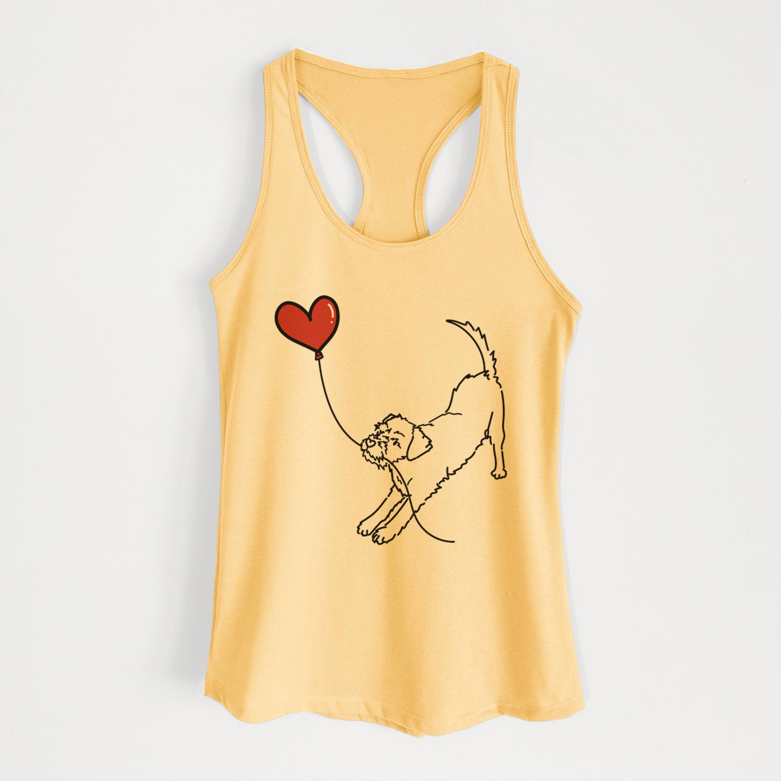 Minimalist line drawing of a Border Terrier Heart String holding a heart balloon on a Banana Cream Women's racerback tanktop
