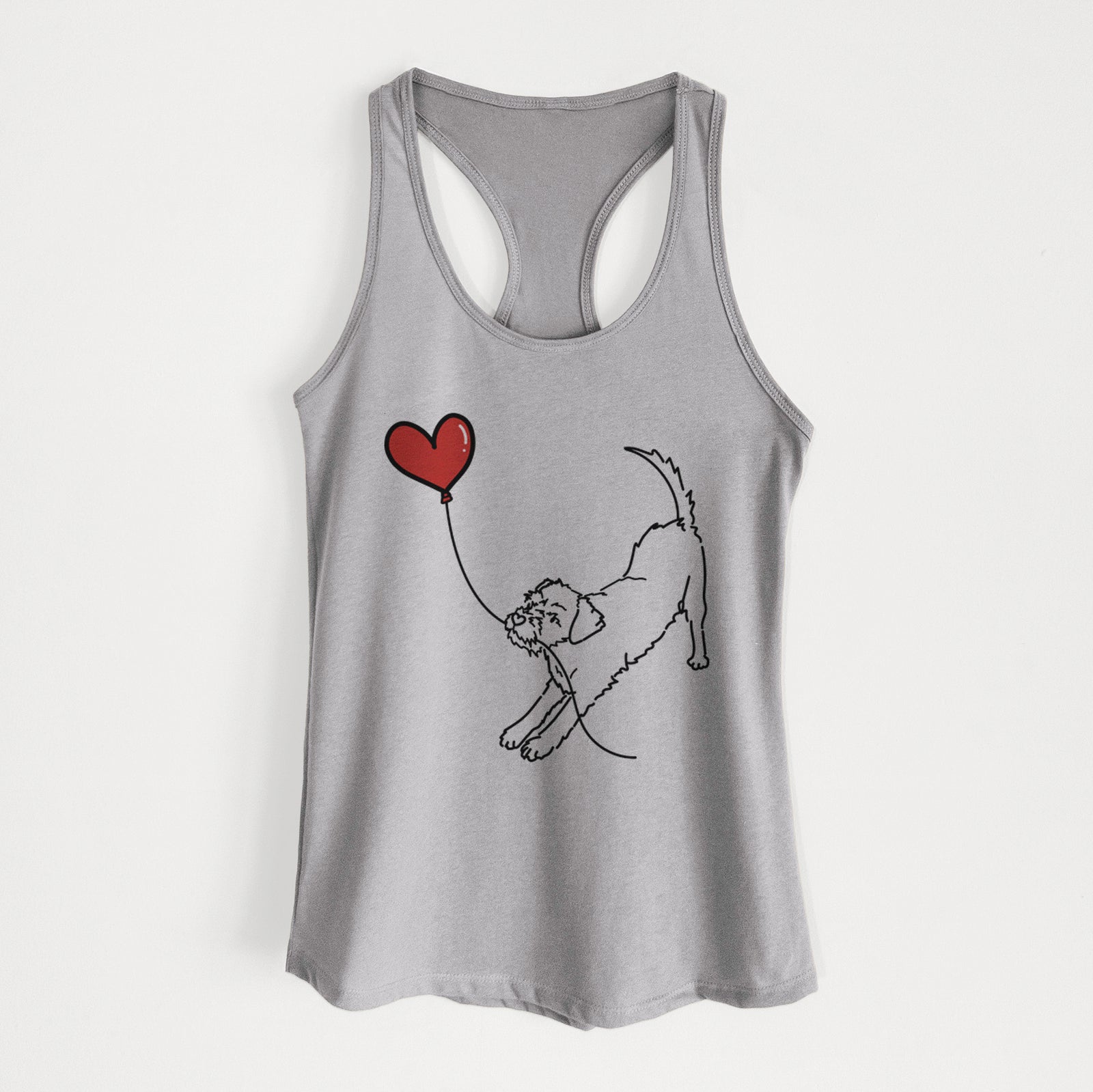 Minimalist line drawing of a Border Terrier Heart String holding a heart balloon on a Heather Grey Women's racerback tanktop