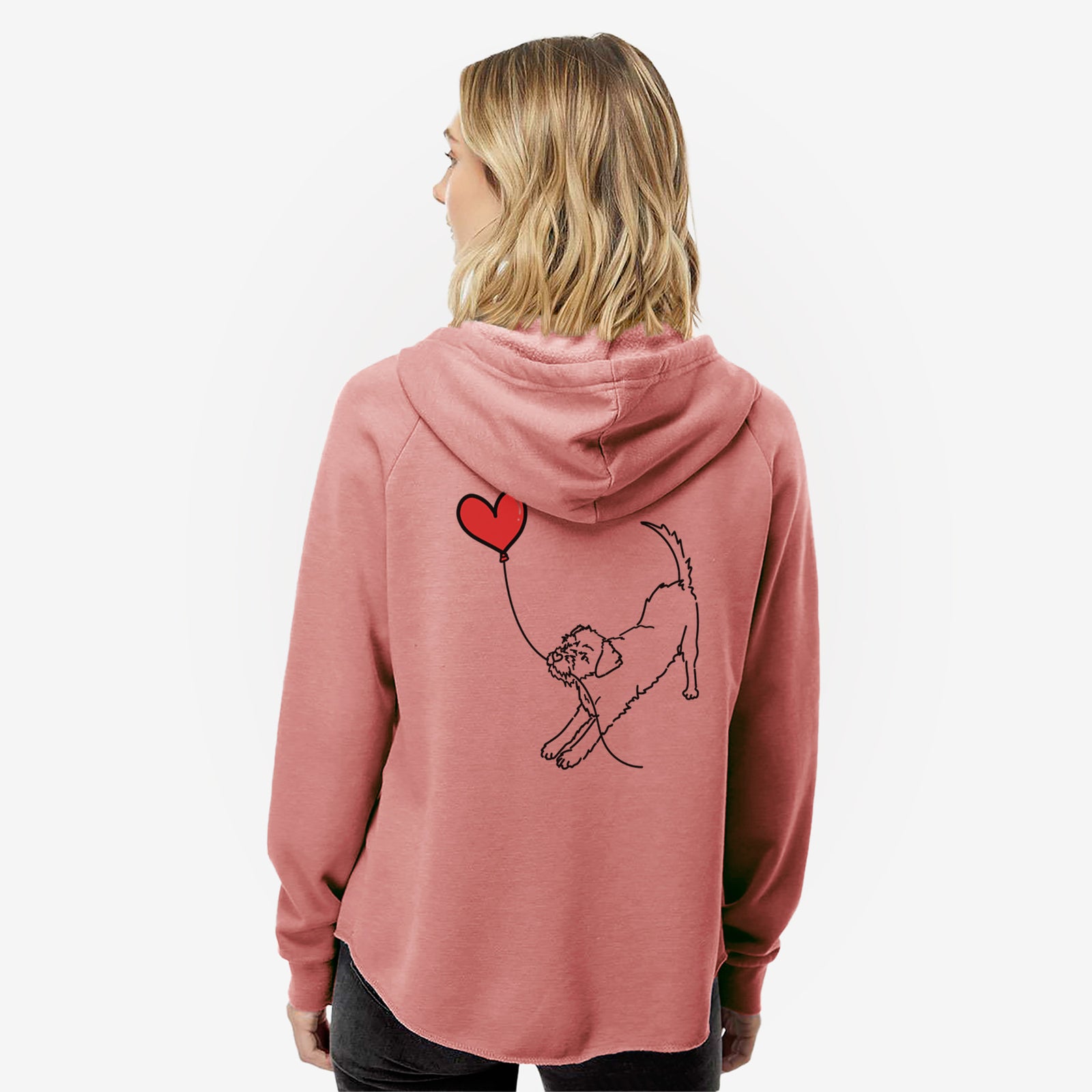 Minimalist line drawing of a Border Terrier Heart String- Women's Cali Wave Zip-Up Sweatshirt holding a heart balloon on a Dusty Rose Cali Wave Zipup Sweatshirt