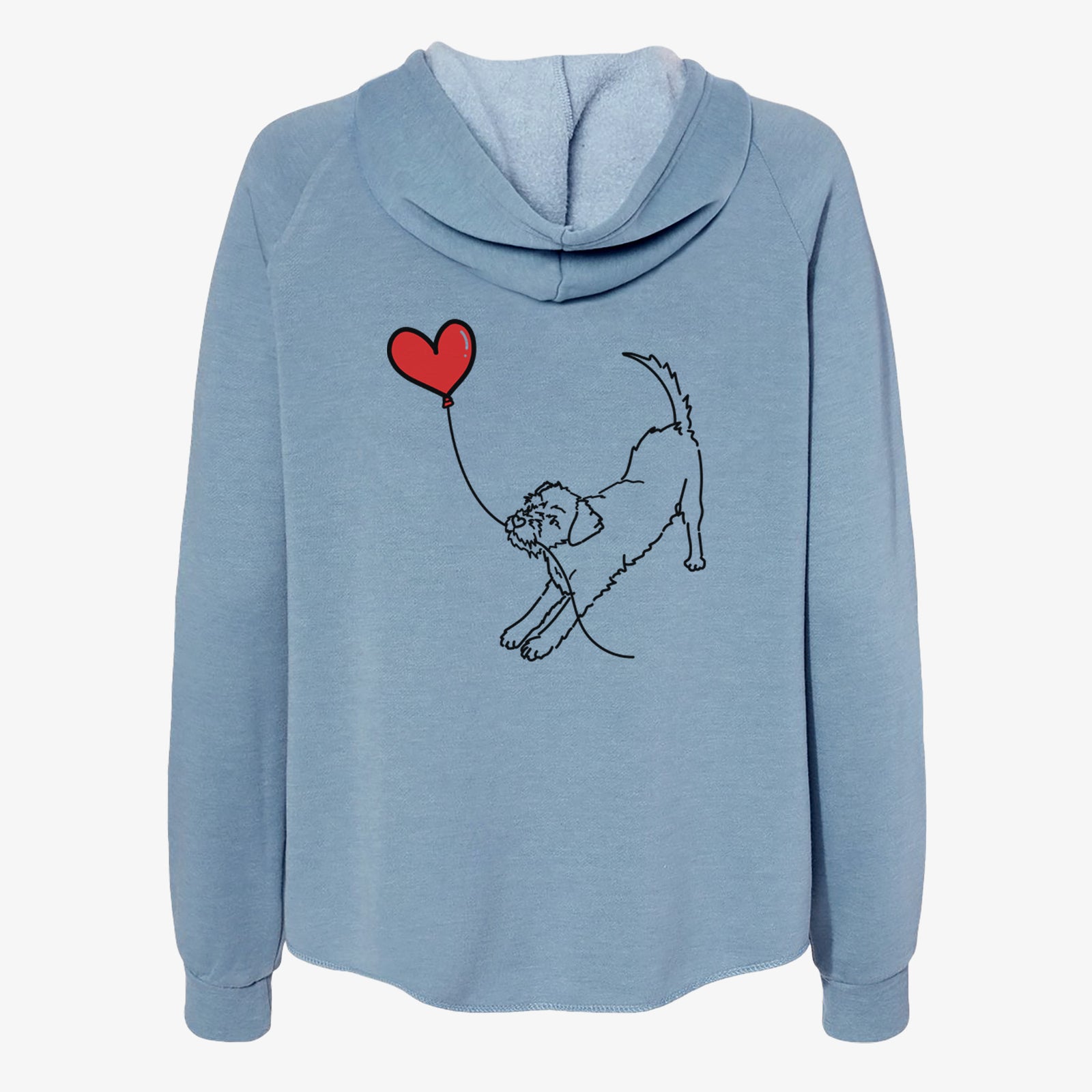 Minimalist line drawing of a Border Terrier Heart String- Women's Cali Wave Zip-Up Sweatshirt holding a heart balloon on a Misty Blue Cali Wave Zipup Sweatshirt