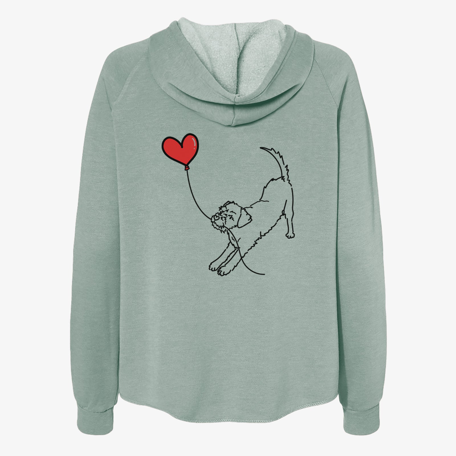 Minimalist line drawing of a Border Terrier Heart String- Women's Cali Wave Zip-Up Sweatshirt holding a heart balloon on a Sage Cali Wave Zipup Sweatshirt