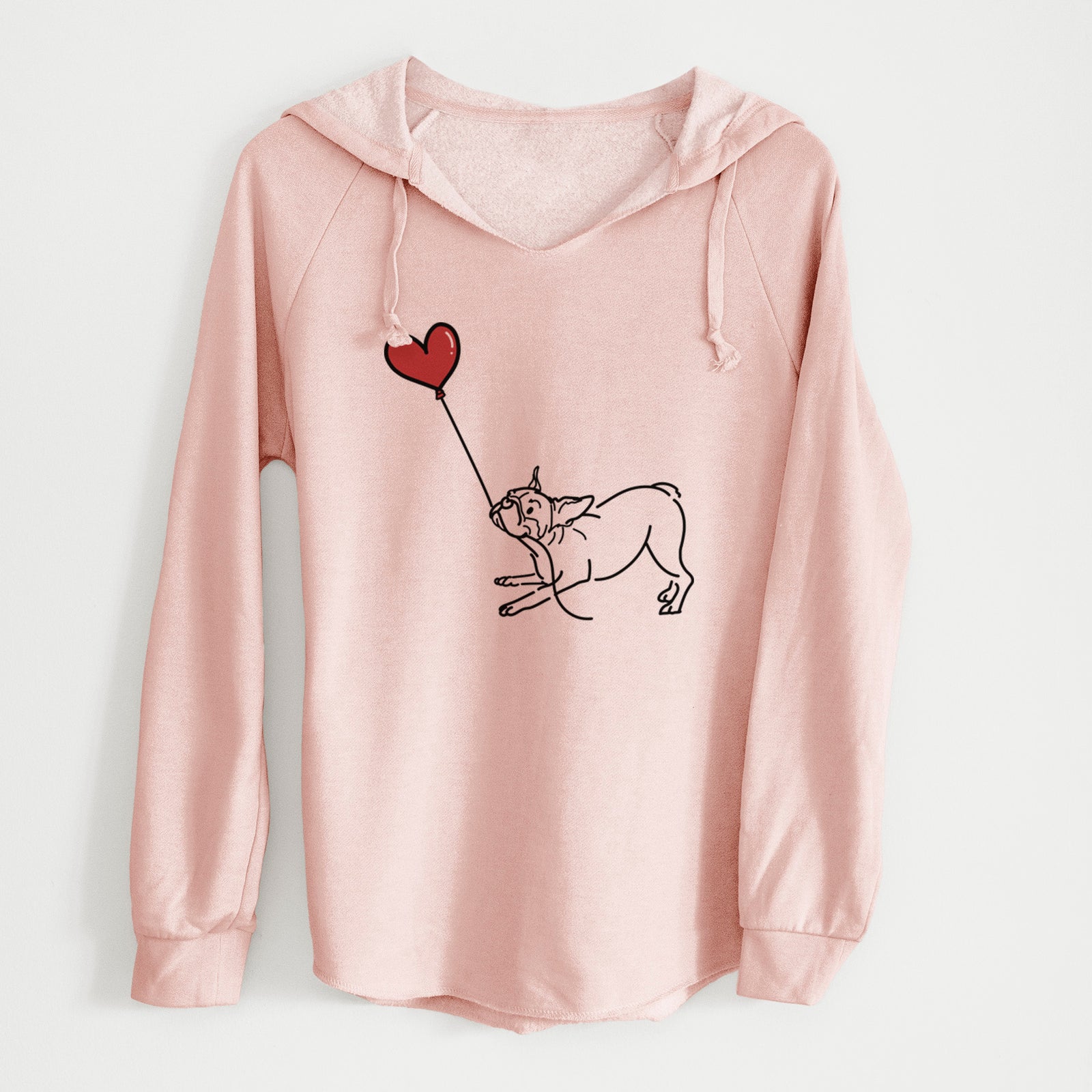 Minimalist line drawing of a Boston Terrier Heart String holding a heart balloon on a Blush Cali Wave Hooded Sweatshirt