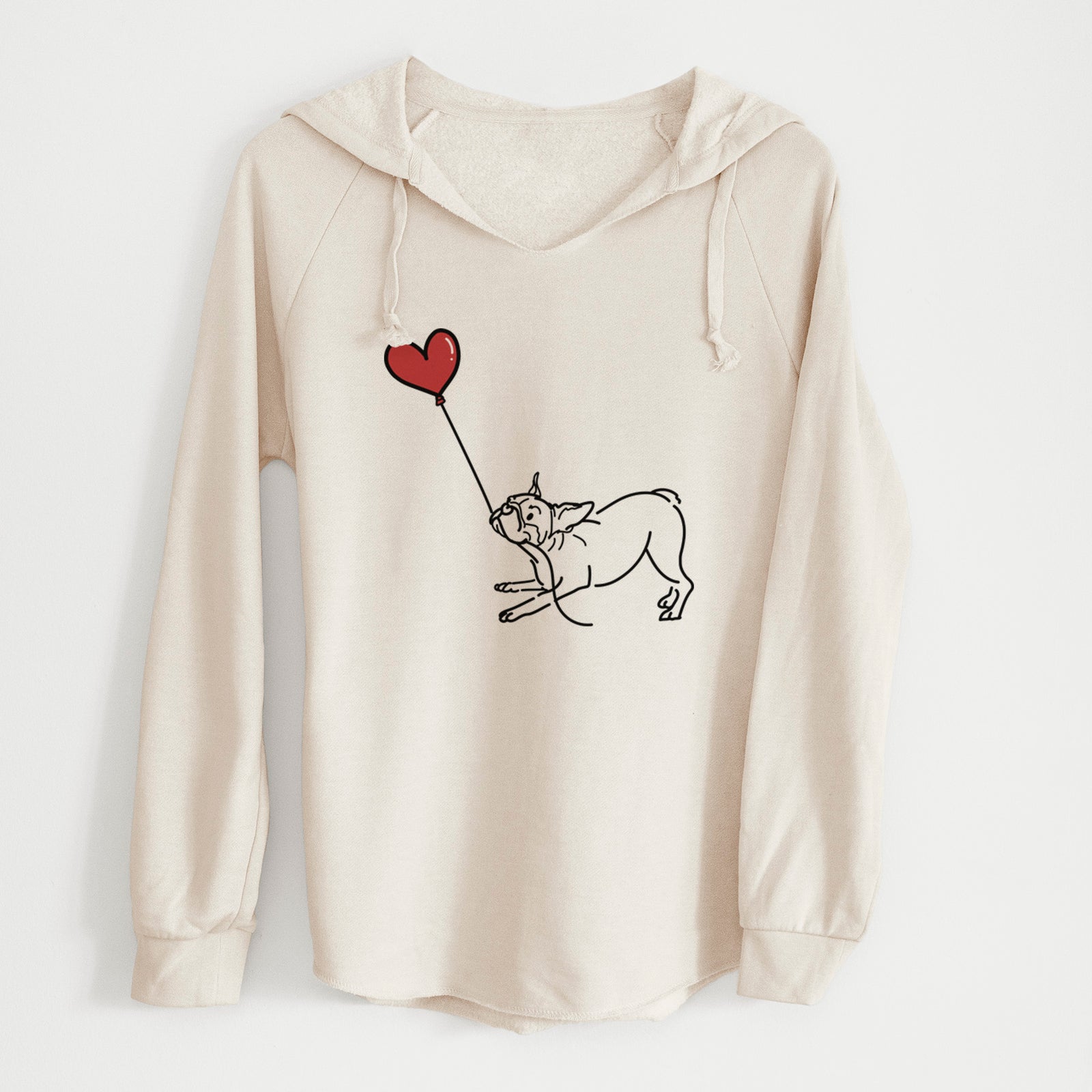 Minimalist line drawing of a Boston Terrier Heart String holding a heart balloon on a Bone Cali Wave Hooded Sweatshirt