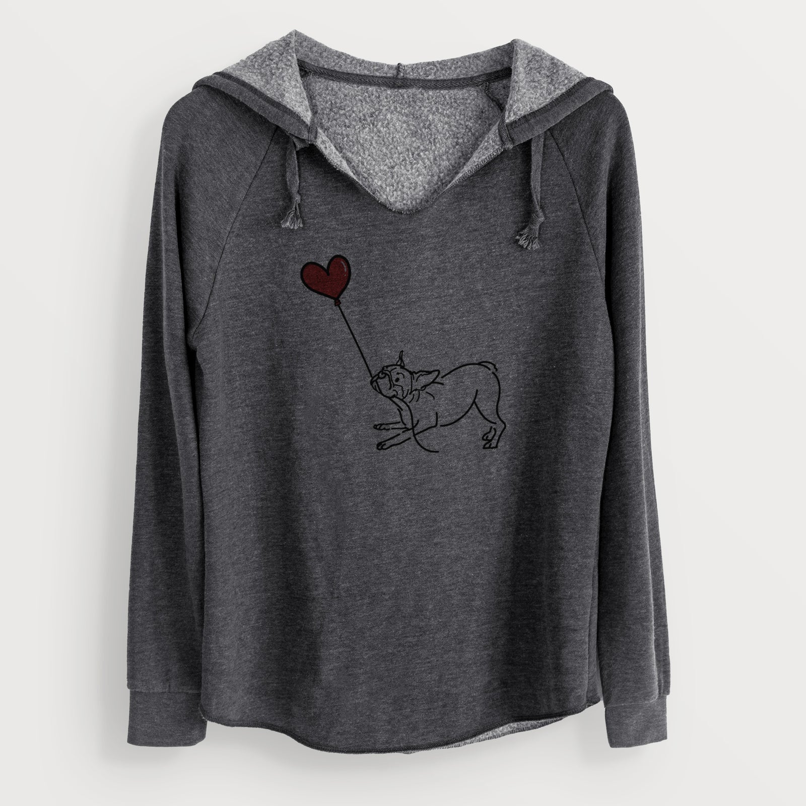Minimalist line drawing of a Boston Terrier Heart String holding a heart balloon on a Charcoal Cali Wave Hooded Sweatshirt