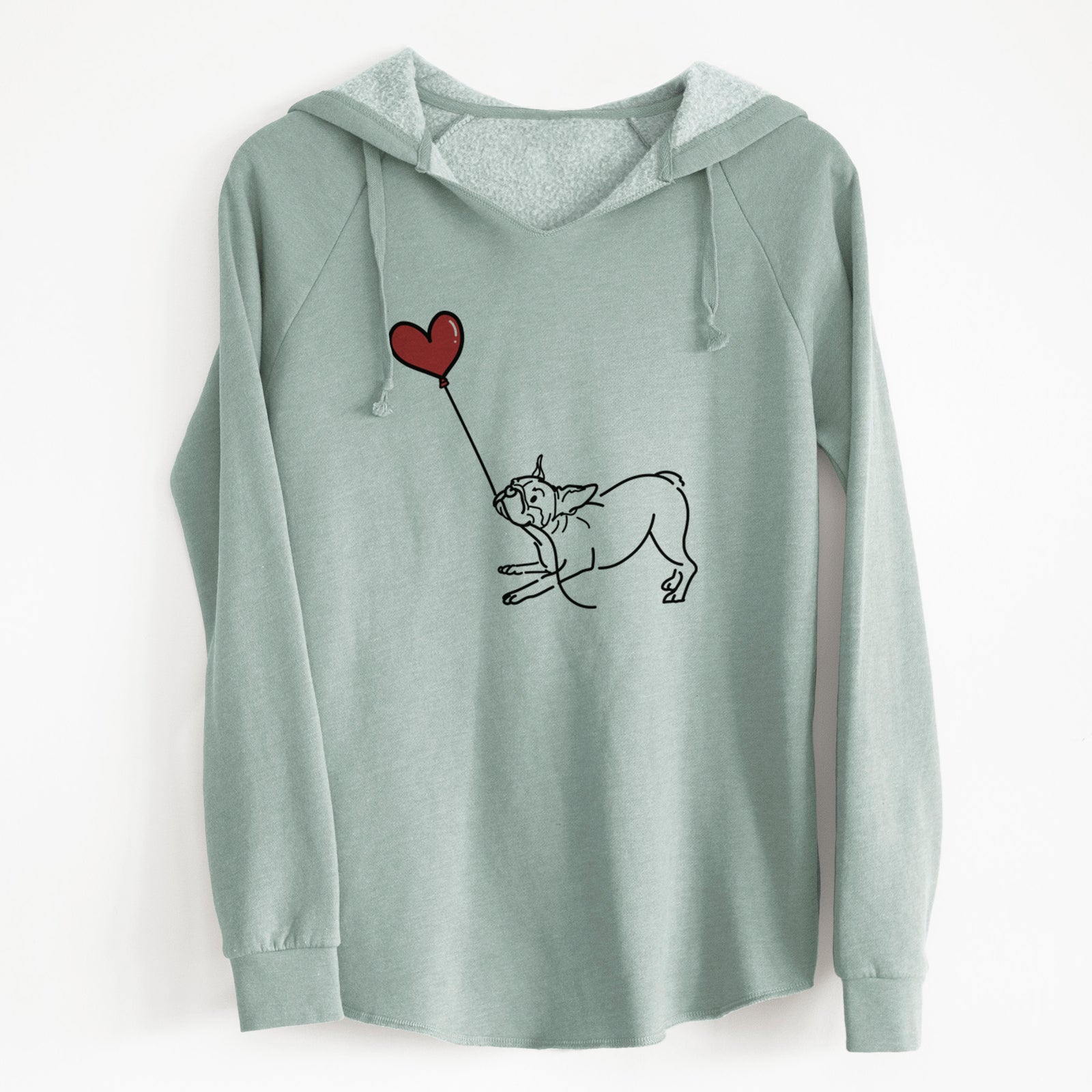Minimalist line drawing of a Boston Terrier Heart String holding a heart balloon on a Sage Cali Wave Hooded Sweatshirt