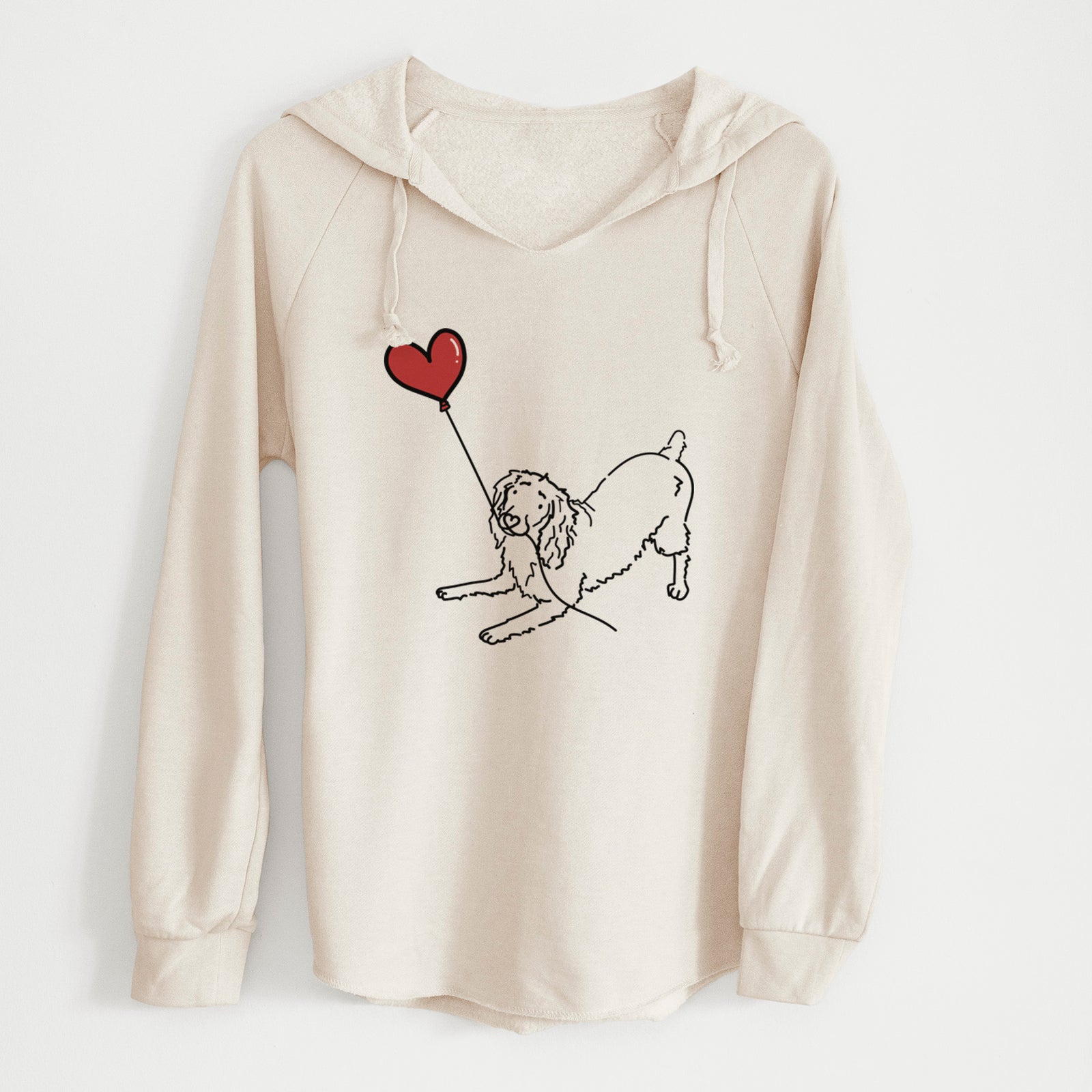 Minimalist line drawing of a Boykin Spaniel Heart String holding a heart balloon on a Bone Cali Wave Hooded Sweatshirt