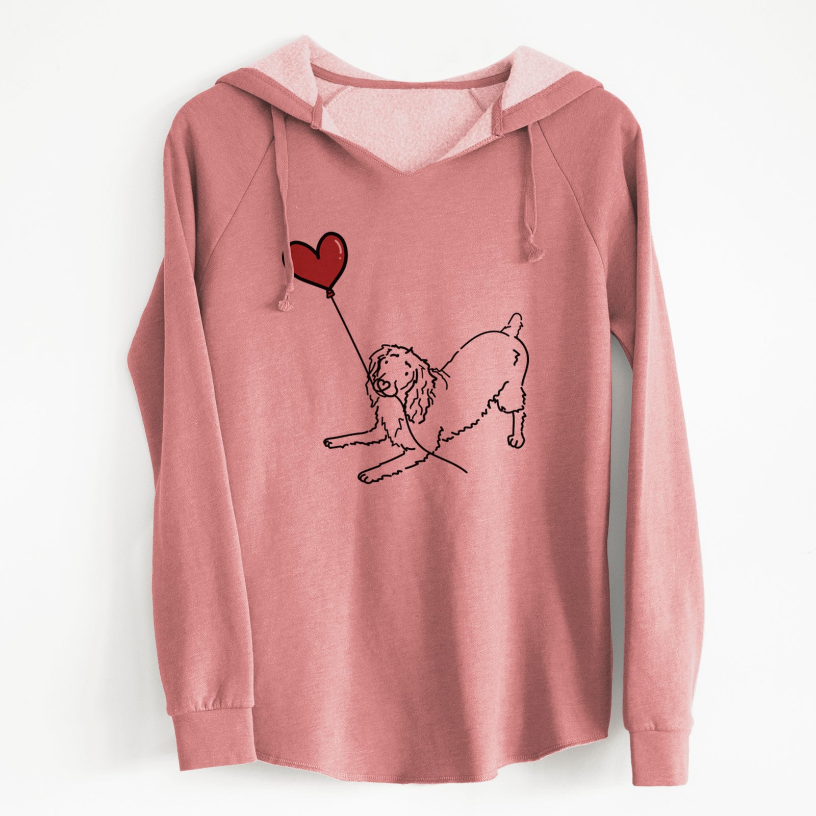 Minimalist line drawing of a Boykin Spaniel Heart String holding a heart balloon on a Dusty Rose Cali Wave Hooded Sweatshirt
