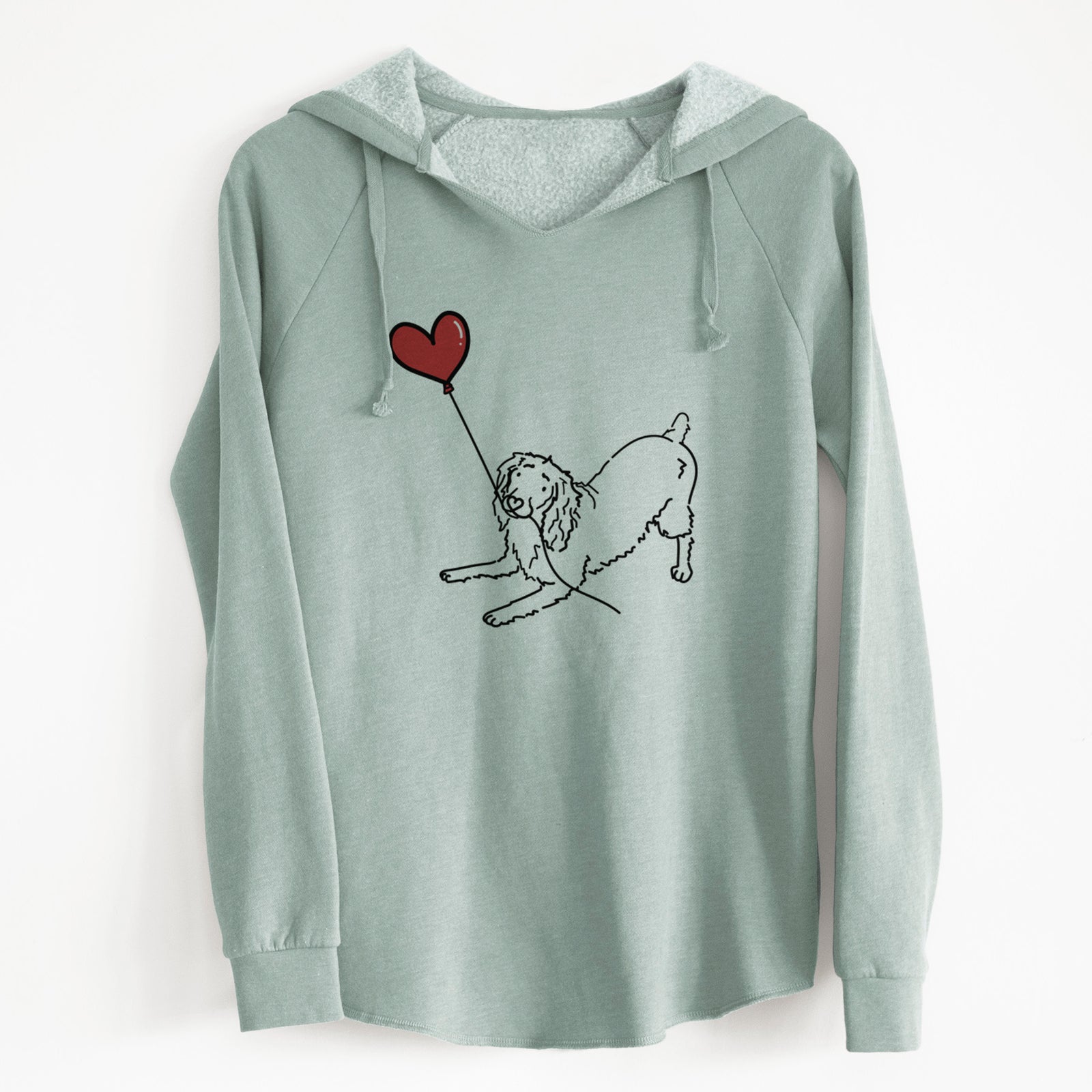 Minimalist line drawing of a Boykin Spaniel Heart String holding a heart balloon on a Sage Cali Wave Hooded Sweatshirt