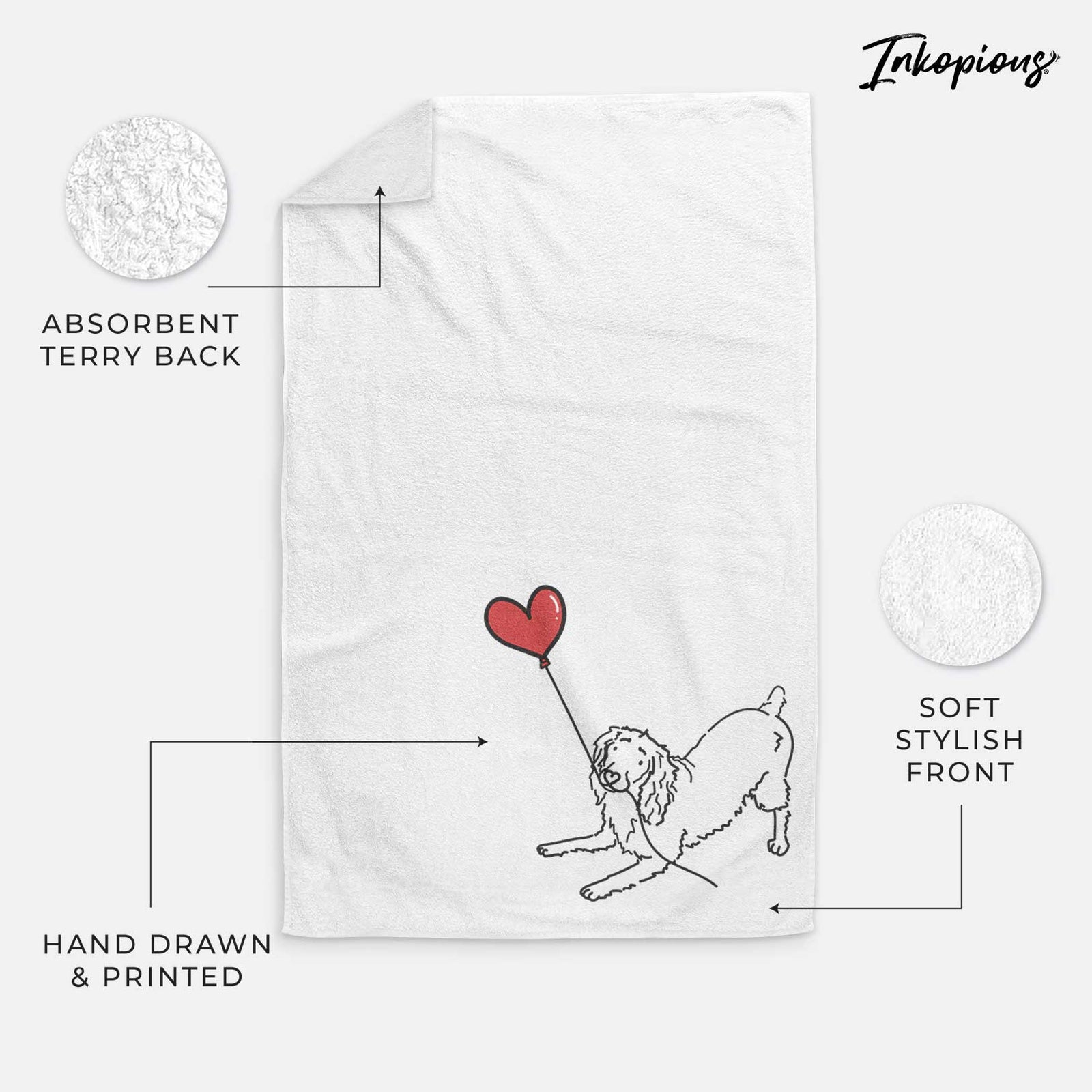 Minimalist line drawing of a Boykin Spaniel Heart String holding a heart balloon on a decorative hand towel