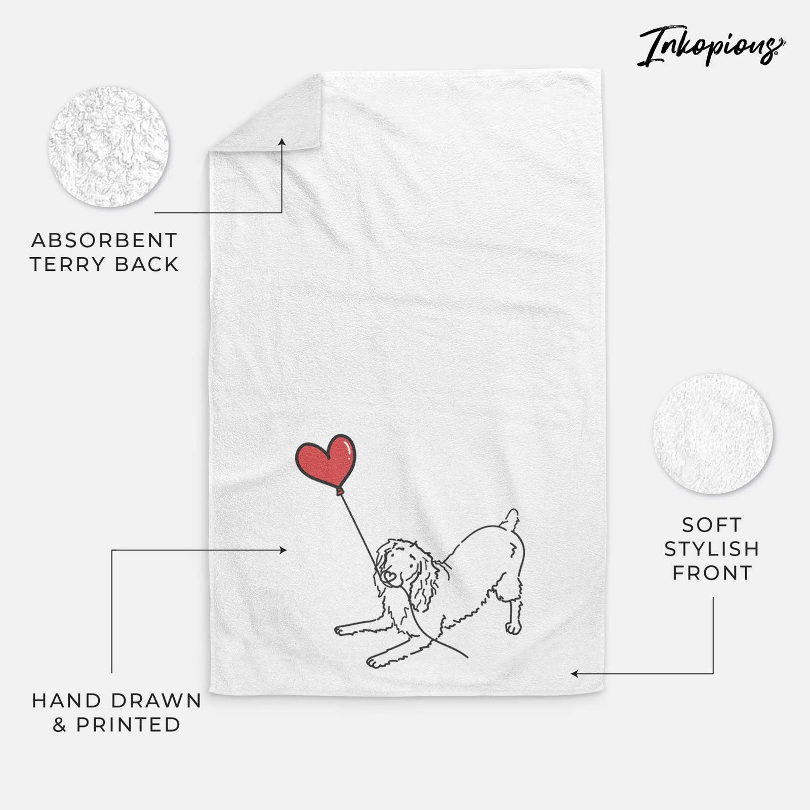Minimalist line drawing of a Boykin Spaniel Heart String holding a heart balloon on a decorative hand towel