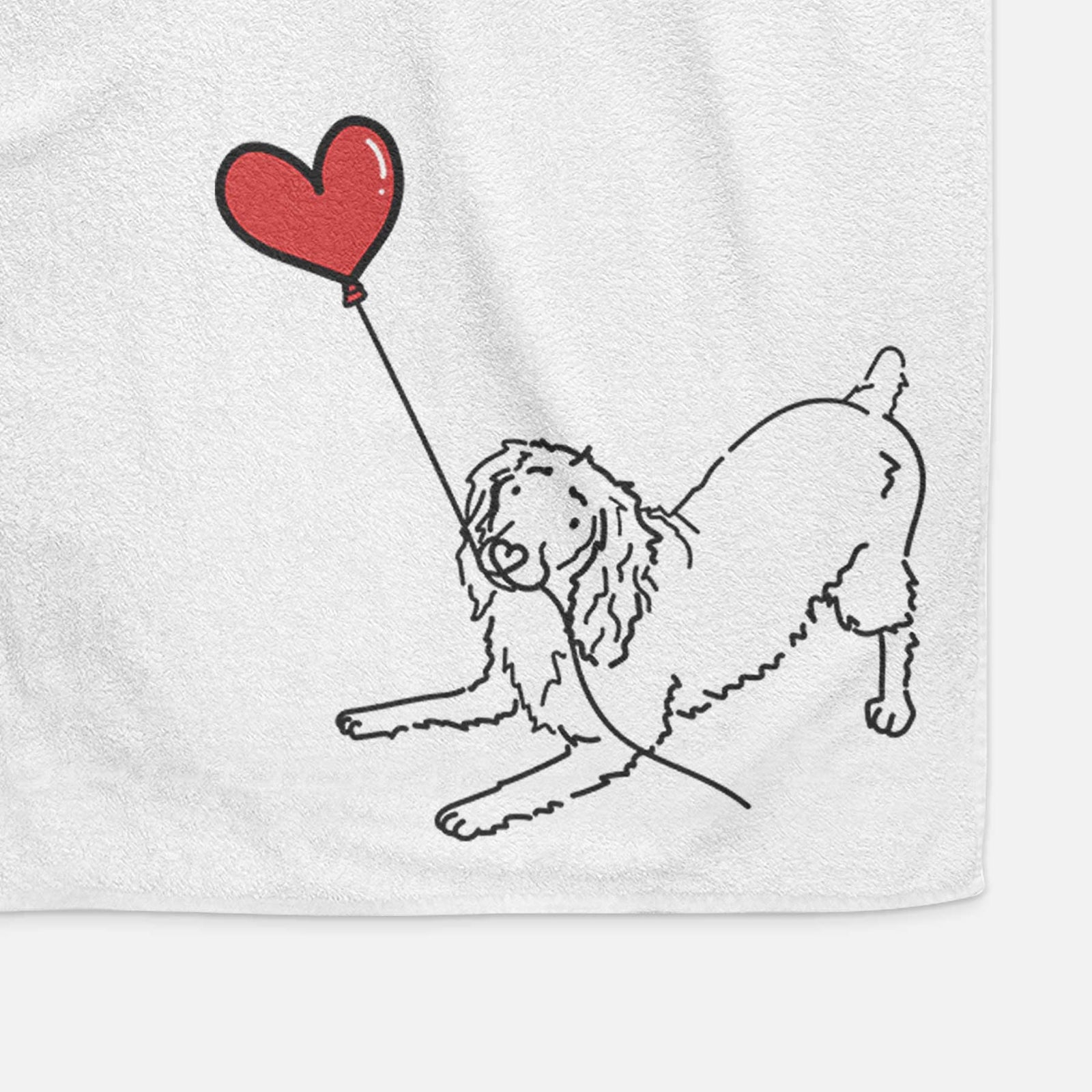 Minimalist line drawing of a Boykin Spaniel Heart String holding a heart balloon on a decorative hand towel