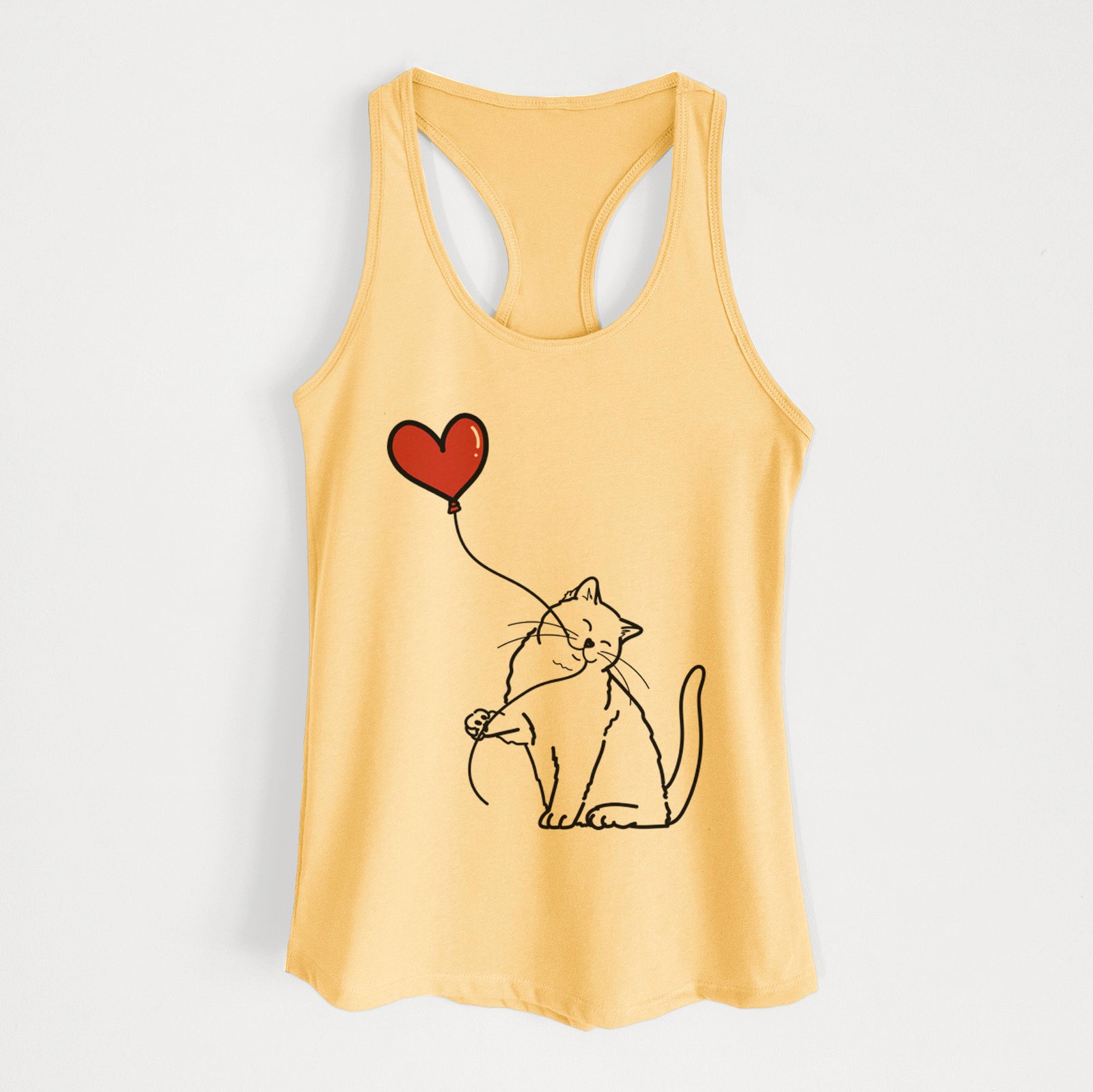 Minimalist line drawing of a British Shorthair Cat Heart String holding a heart balloon on a Banana Cream Women's racerback tanktop