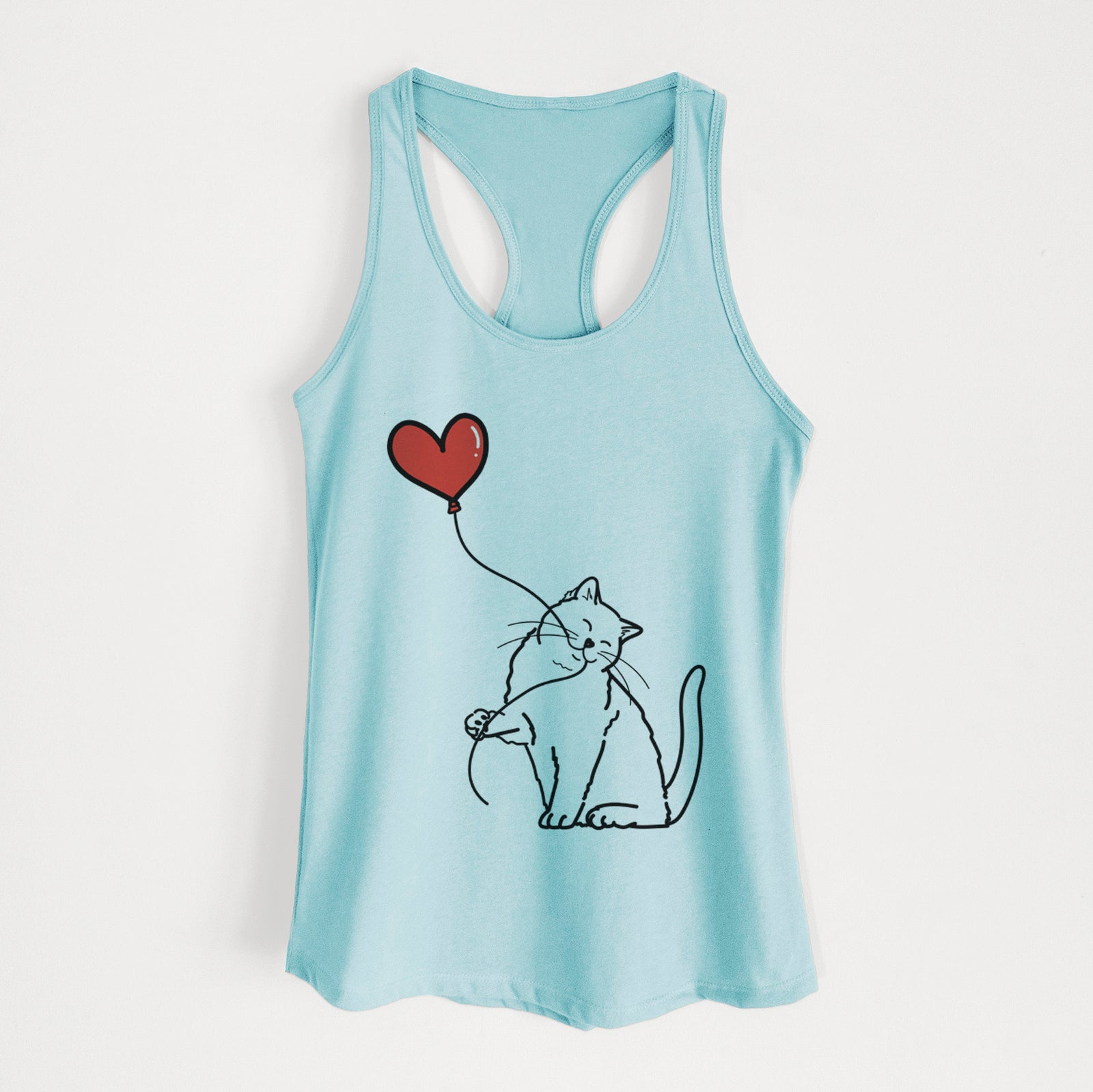 Minimalist line drawing of a British Shorthair Cat Heart String holding a heart balloon on a Cancun Blue Women's racerback tanktop