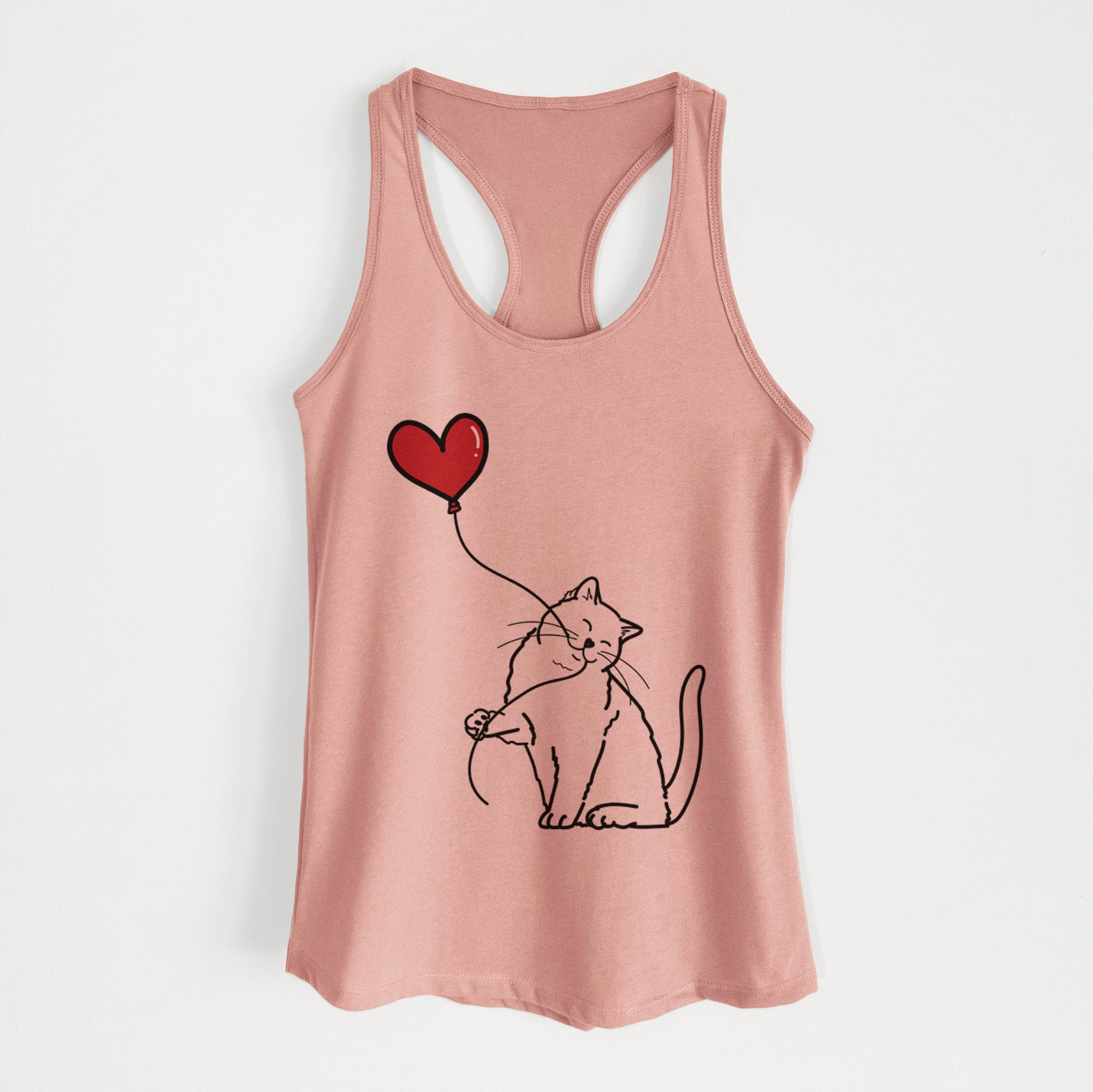 Minimalist line drawing of a British Shorthair Cat Heart String holding a heart balloon on a Desert Pink Women's racerback tanktop