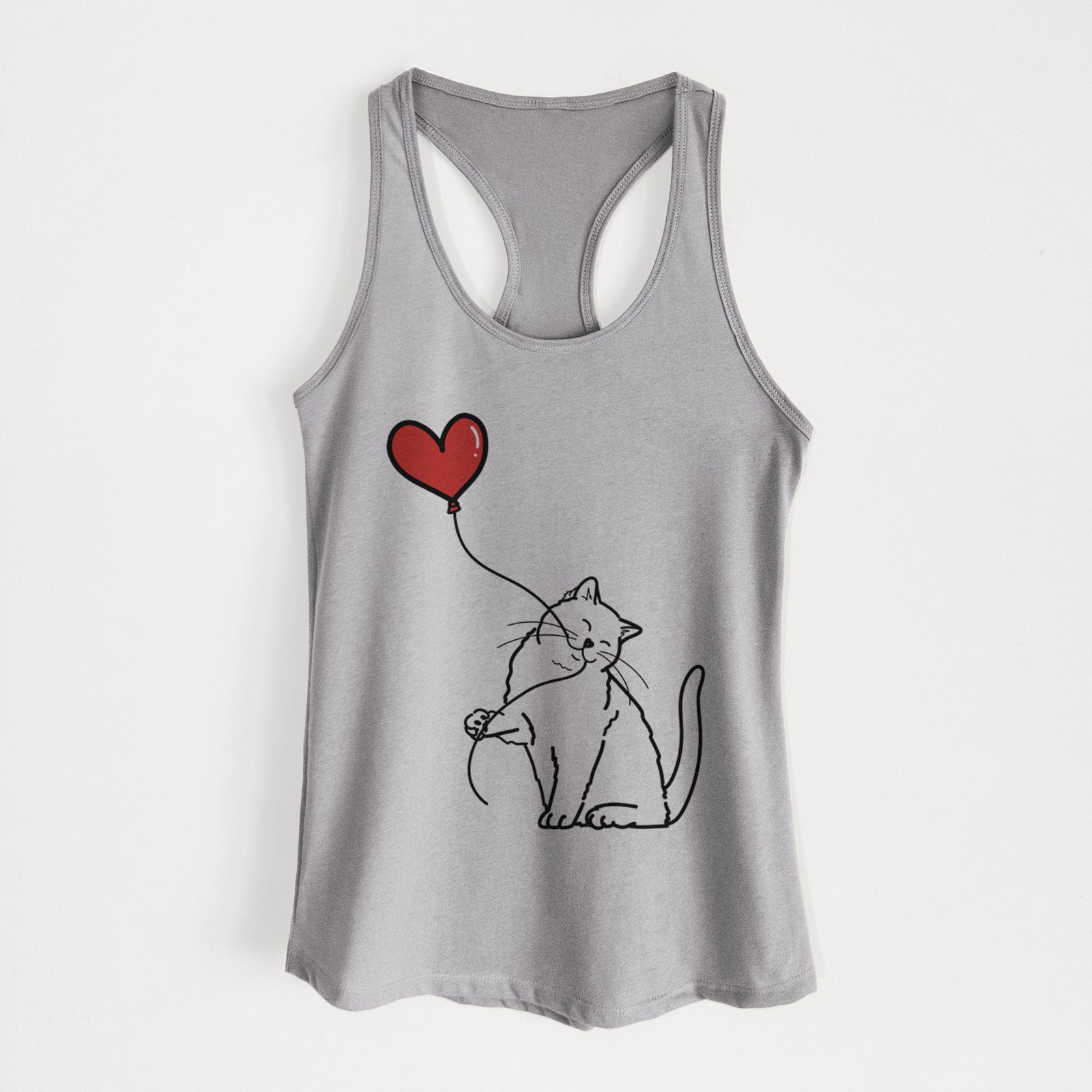 Minimalist line drawing of a British Shorthair Cat Heart String holding a heart balloon on a Heather Grey Women's racerback tanktop