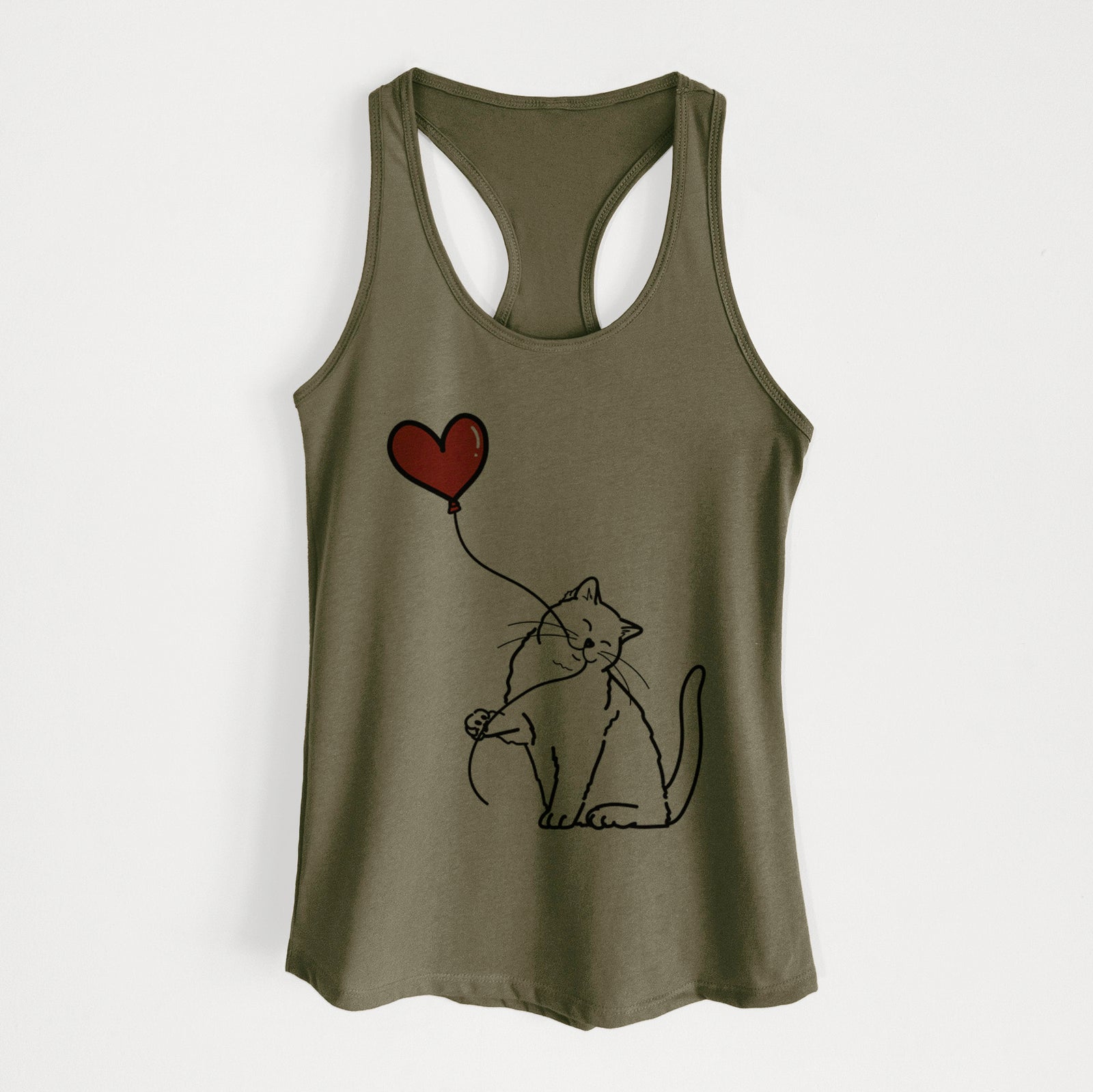 Minimalist line drawing of a British Shorthair Cat Heart String holding a heart balloon on a Military Green Women's racerback tanktop