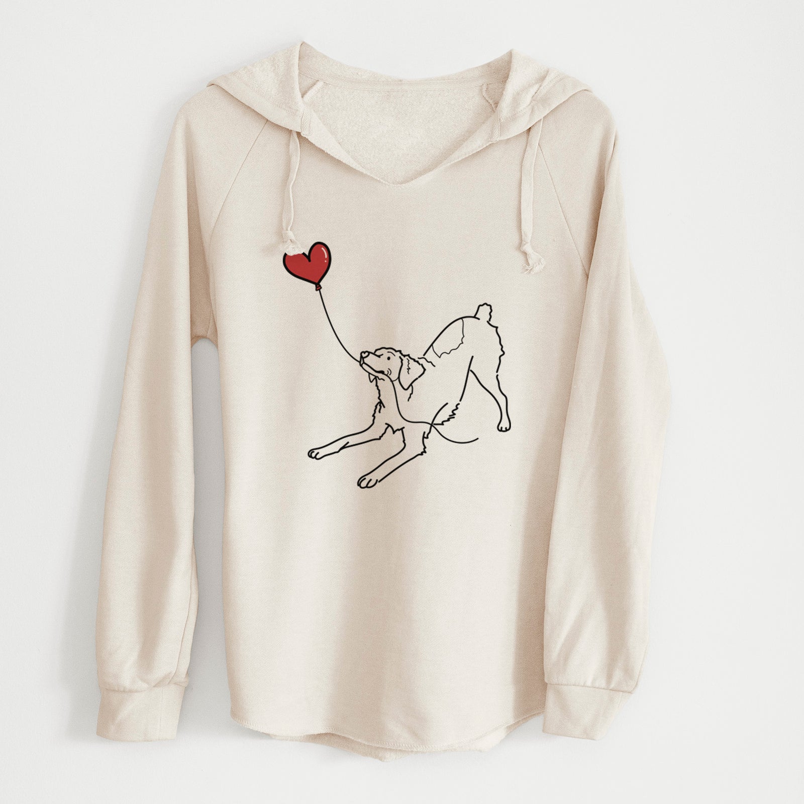 Minimalist line drawing of a Brittany Spaniel Heart String holding a heart balloon on a Bone Cali Wave Hooded Sweatshirt