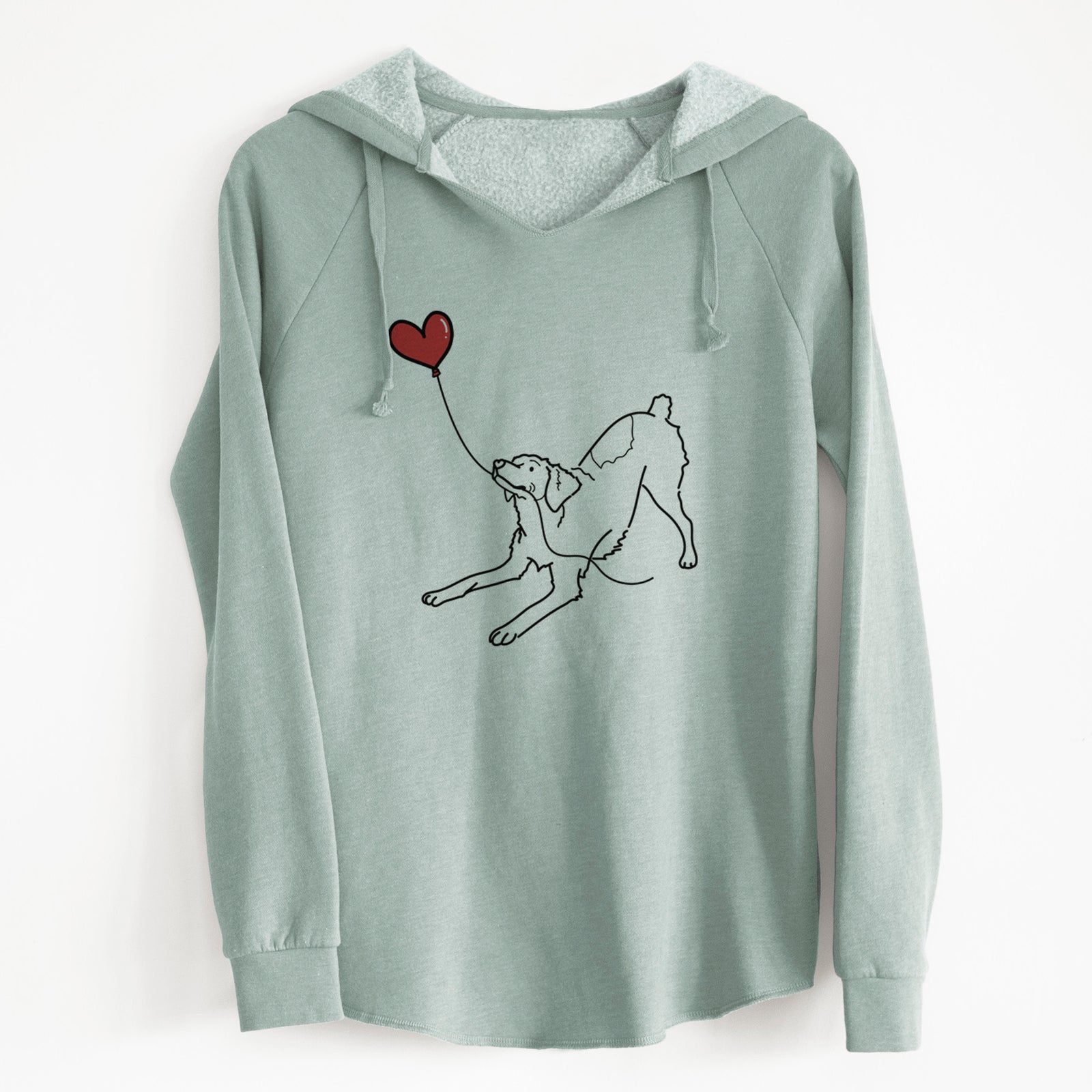 Minimalist line drawing of a Brittany Spaniel Heart String holding a heart balloon on a Sage Cali Wave Hooded Sweatshirt
