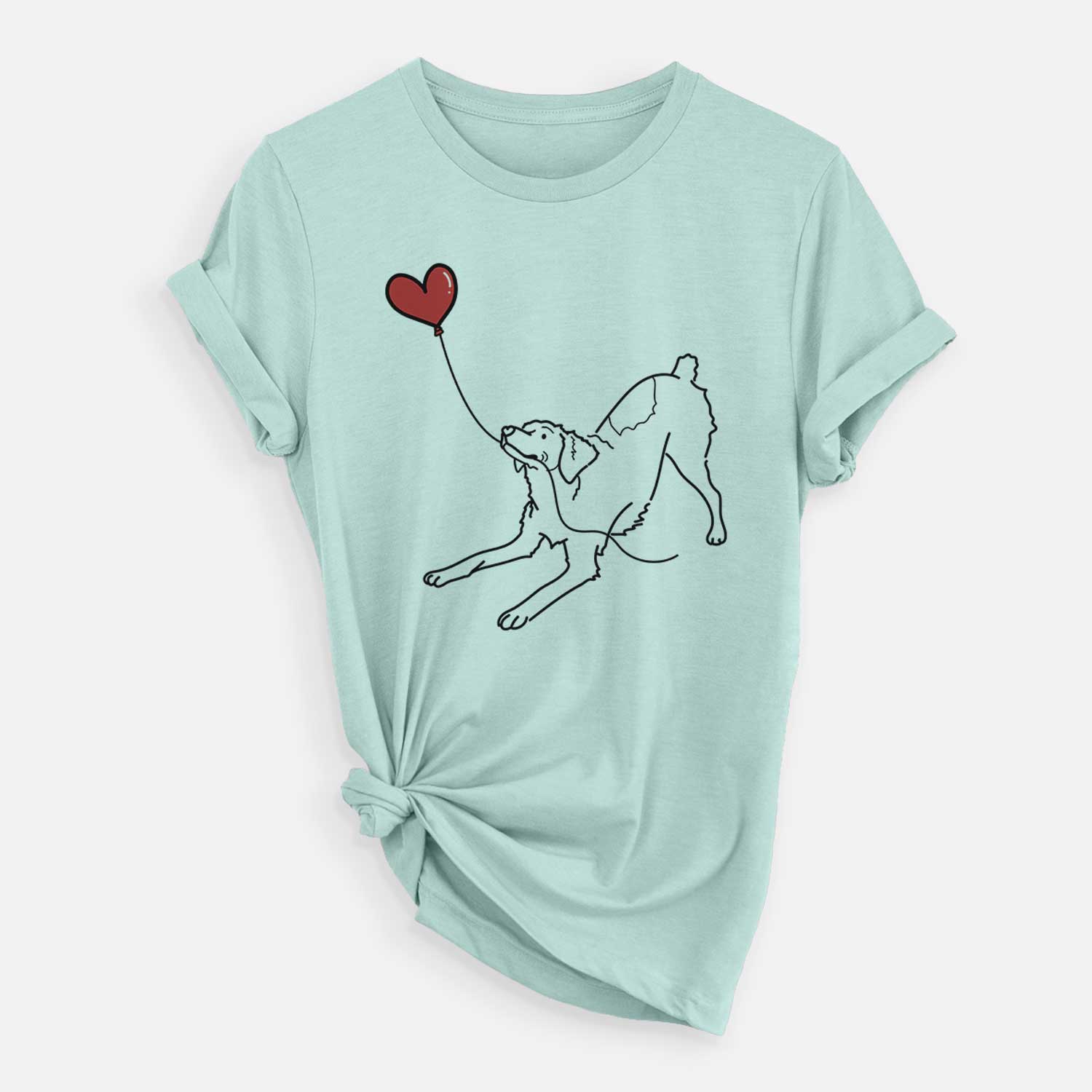 Minimalist line drawing of a Brittany Spaniel Heart String holding a heart balloon on a Heather Sage Unisex crewneck