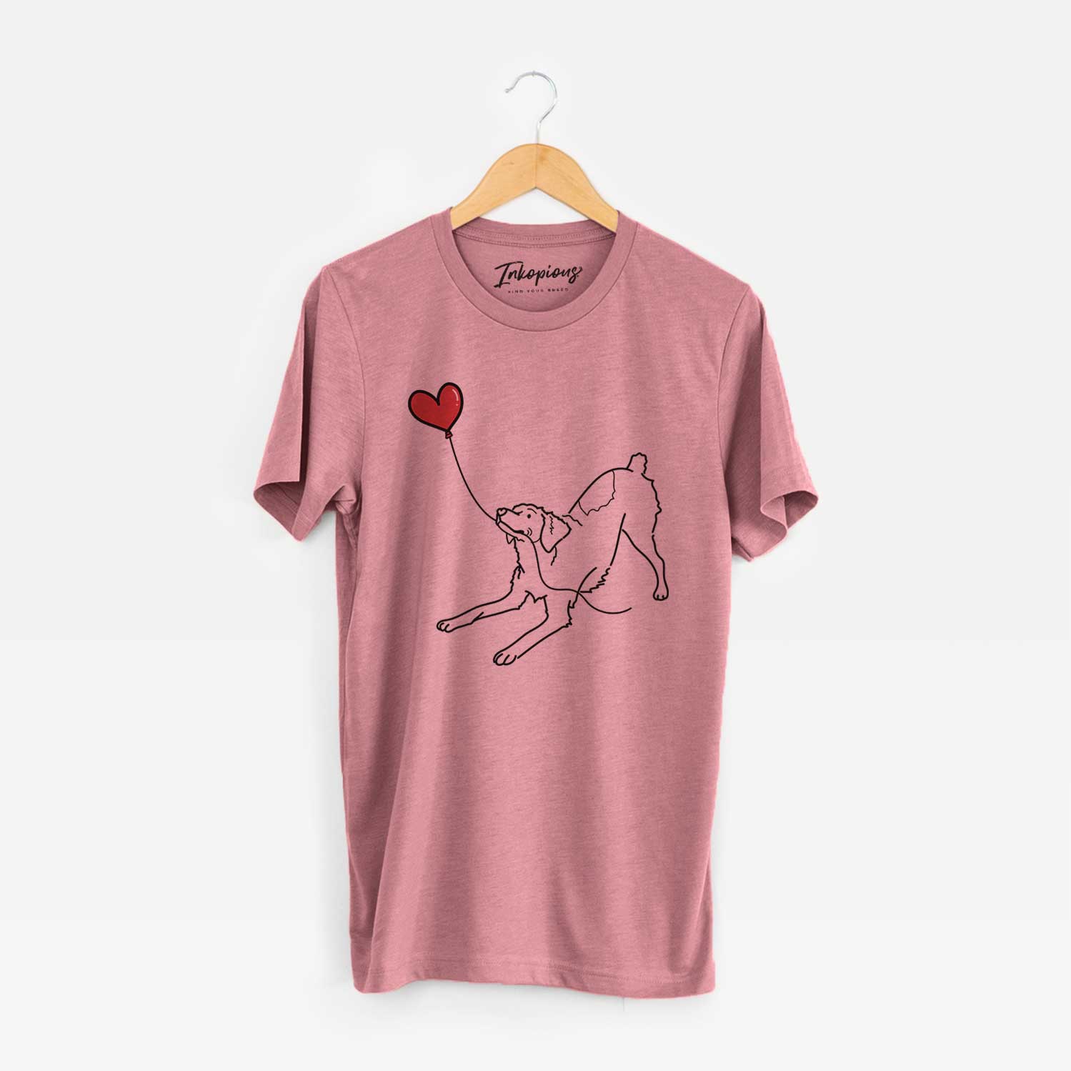 Minimalist line drawing of a Brittany Spaniel Heart String holding a heart balloon on a Mauve Unisex crewneck