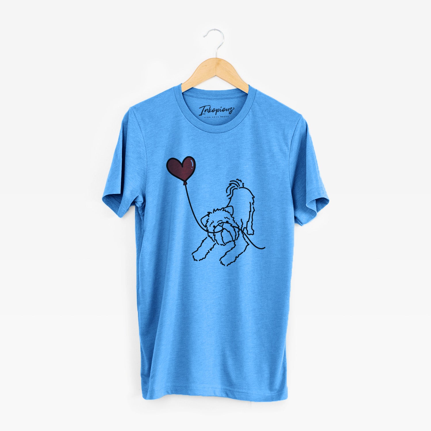 Minimalist line drawing of a Brussels Griffon Heart String holding a heart balloon on a Blue Unisex crewneck