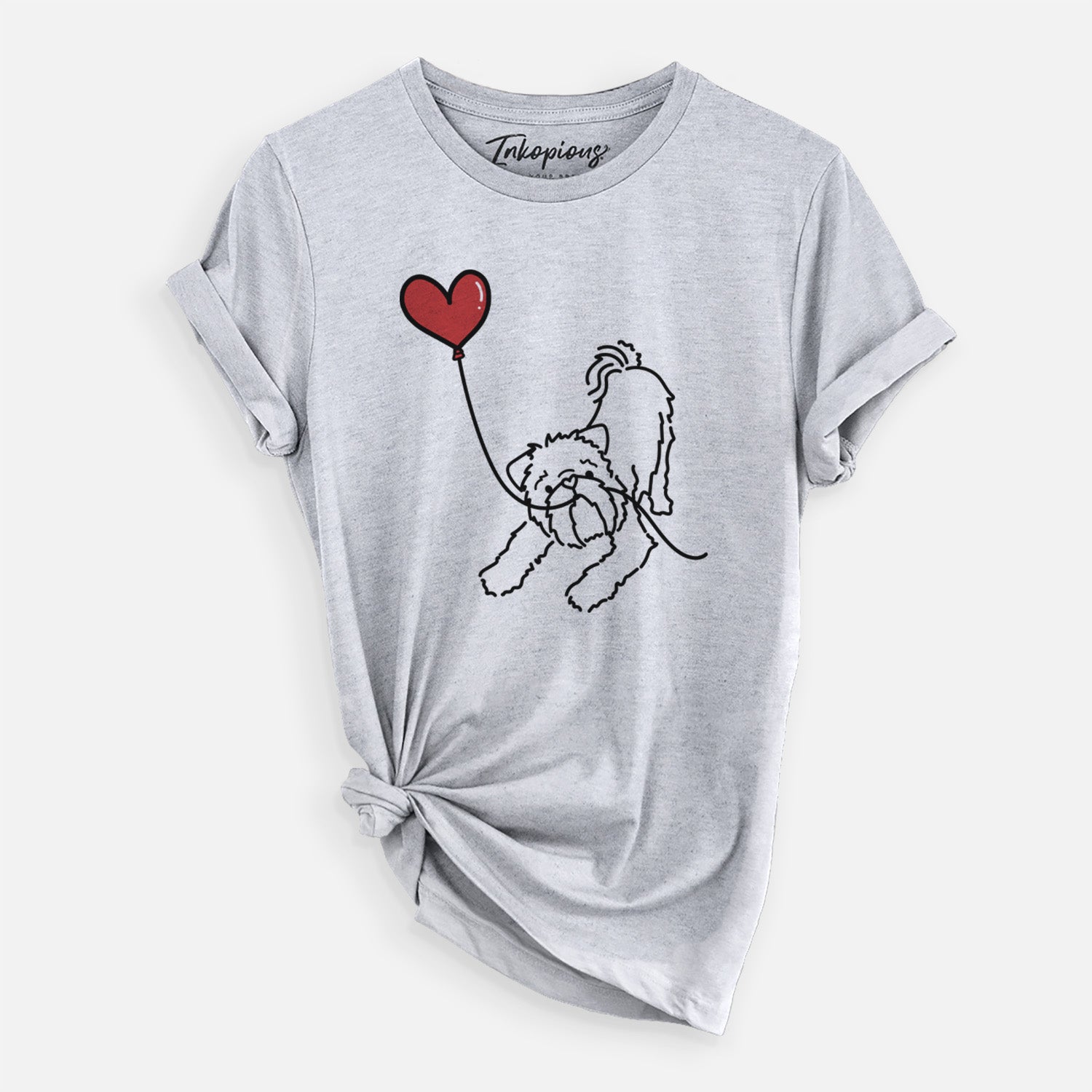 Minimalist line drawing of a Brussels Griffon Heart String holding a heart balloon on a Grey Unisex crewneck