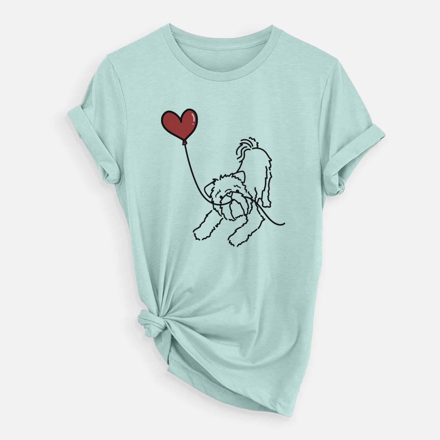 Minimalist line drawing of a Brussels Griffon Heart String holding a heart balloon on a Heather Sage Unisex crewneck